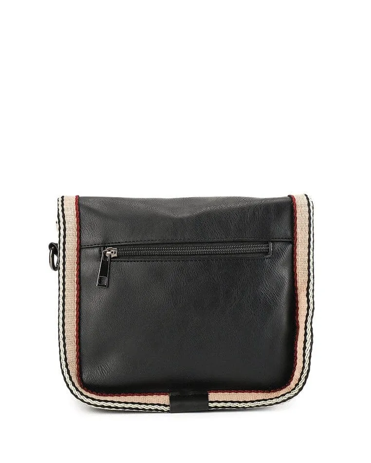 Distressed Leather Buckle Trim Crossbody Bag - Black