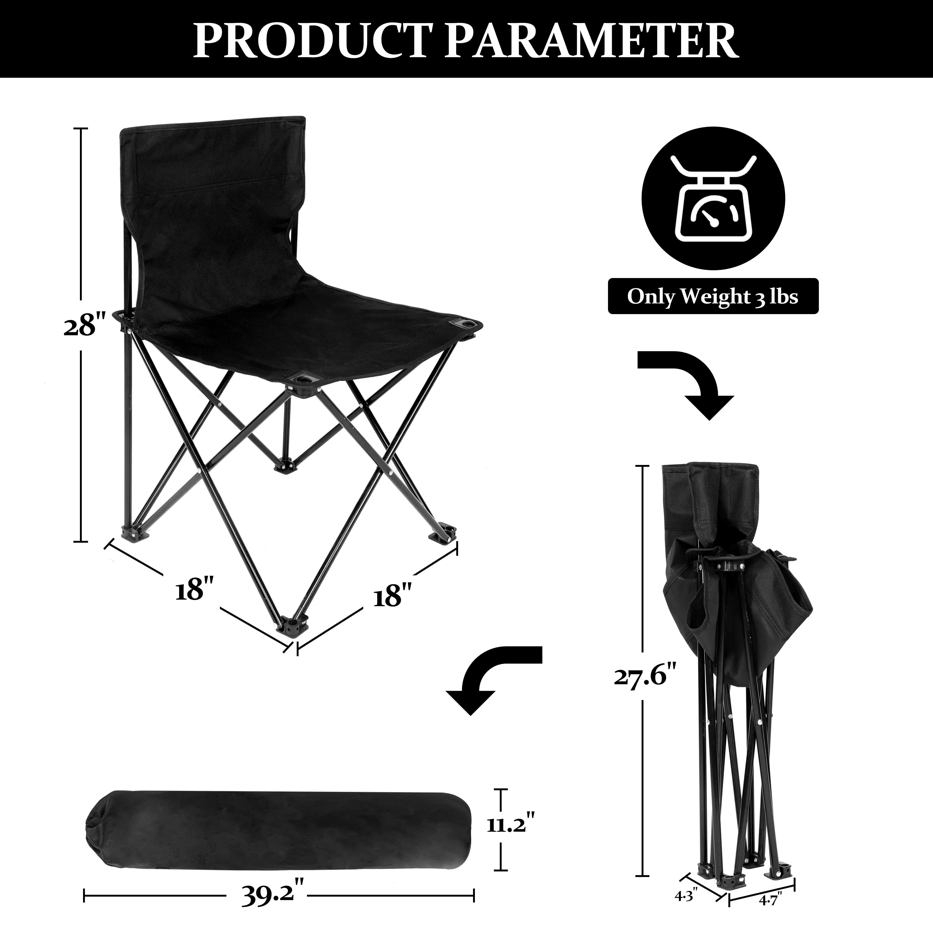 Elecwish Portable Folding Camping Chair with Carry Bag for Adults, Collapsible Anti-Slip Padded Oxford Cloth Stool Black Large