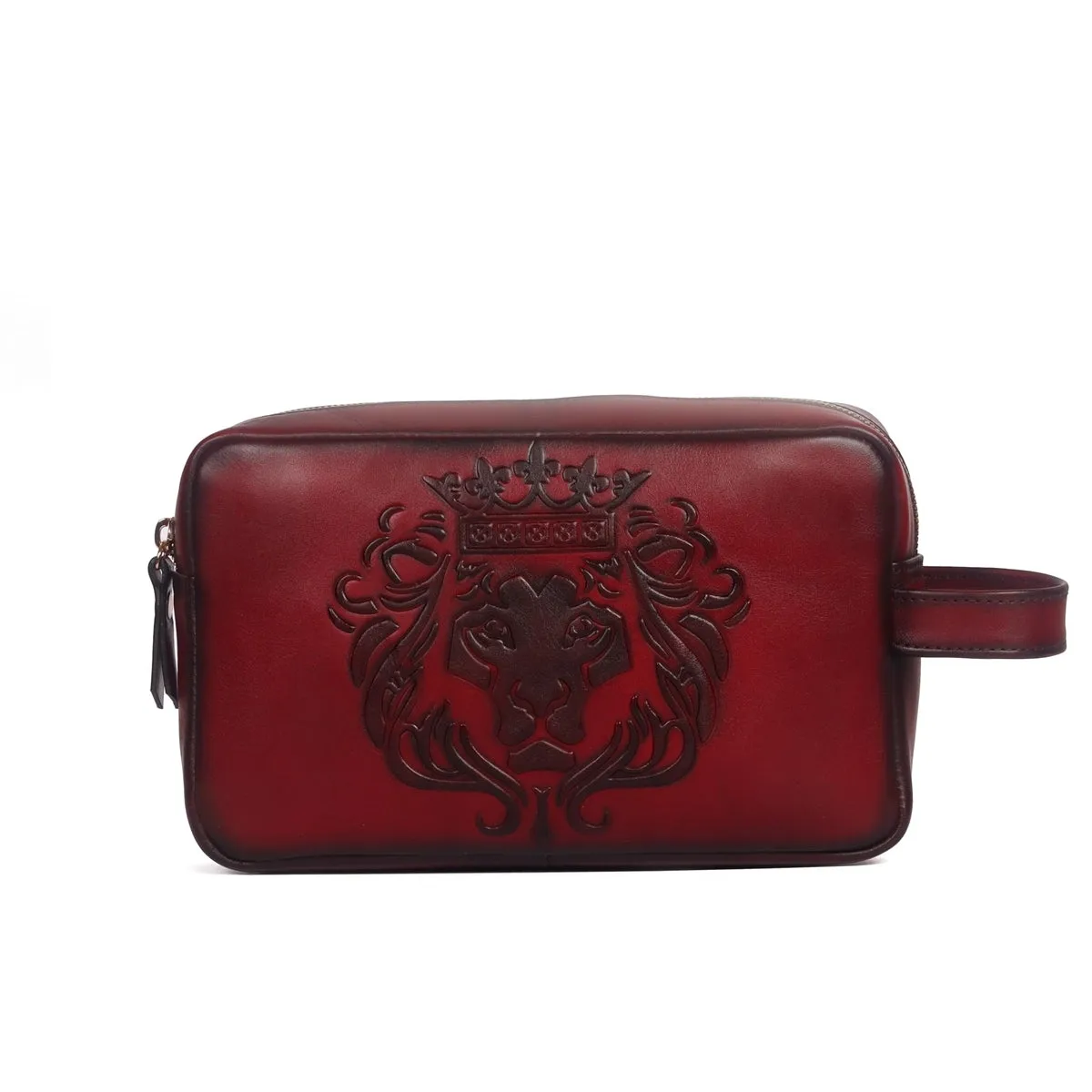 Embossed Lion Unisex Wine Genuine Leather Slim Kit Bag for Travel by Brune & Bareskin