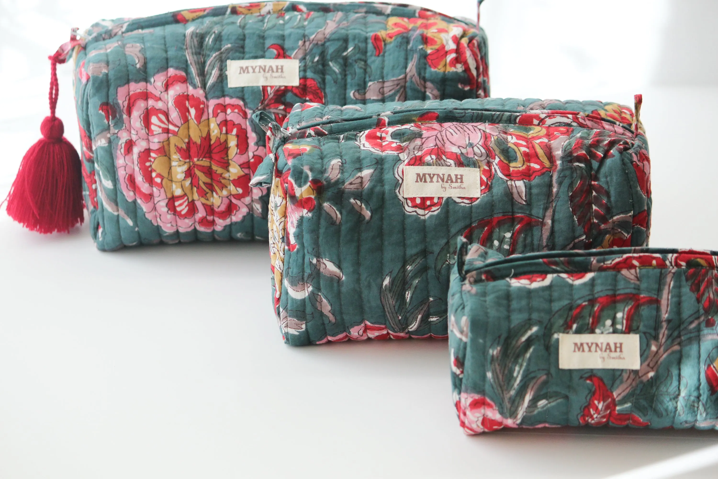 'EMERALD GARDEN' printed travel/makeup zipper pouch-set of 3