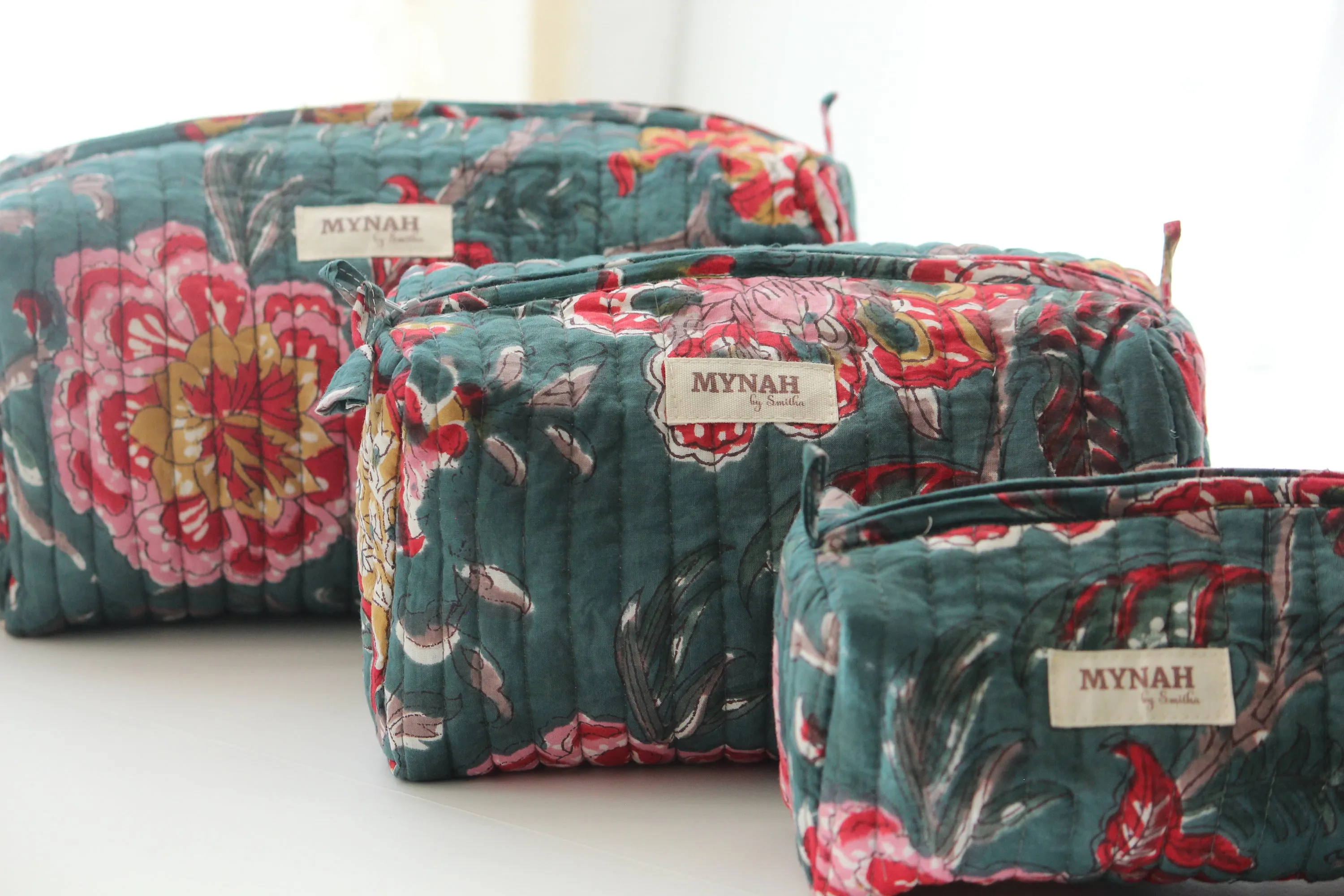 'EMERALD GARDEN' printed travel/makeup zipper pouch-set of 3