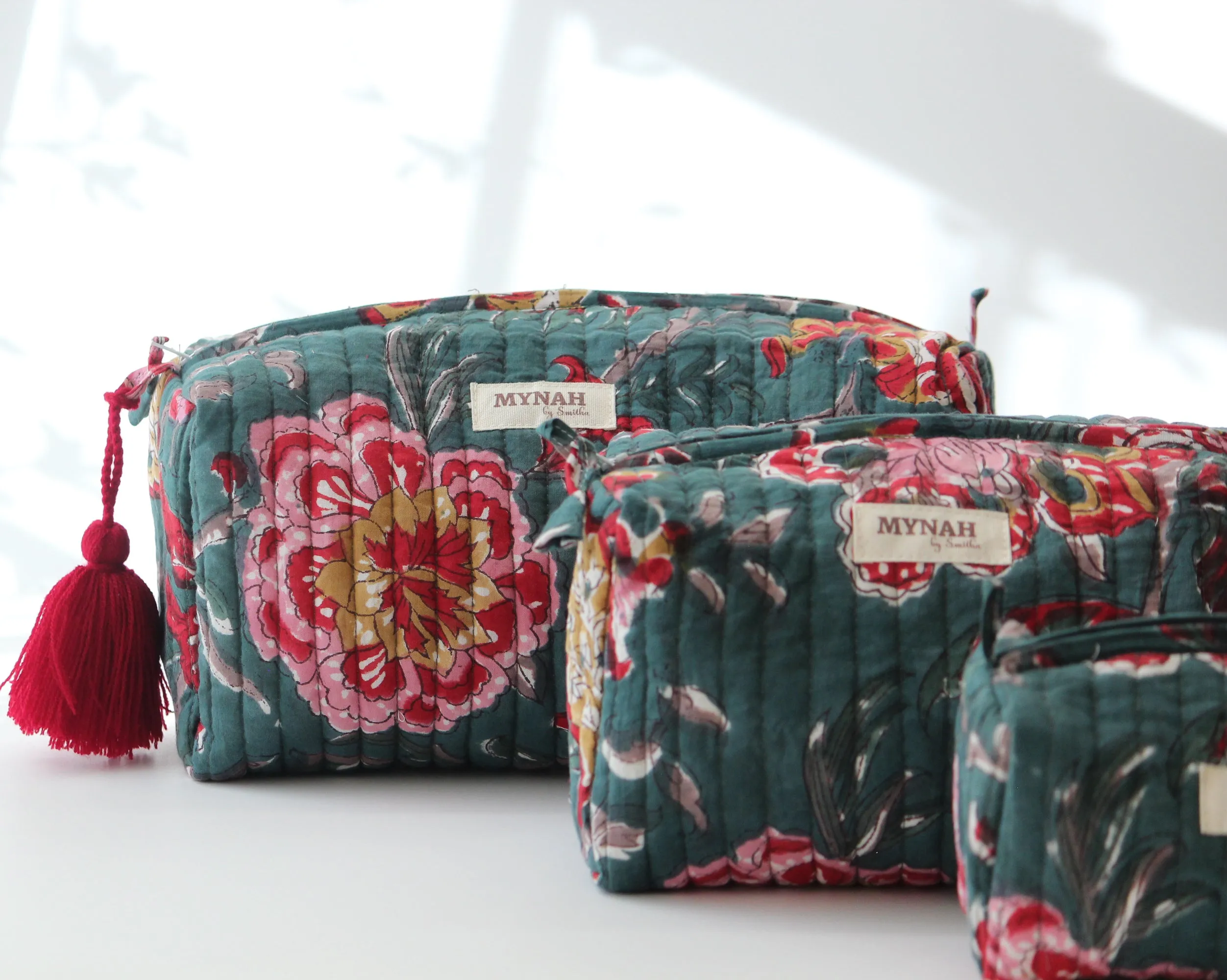 'EMERALD GARDEN' printed travel/makeup zipper pouch-set of 3