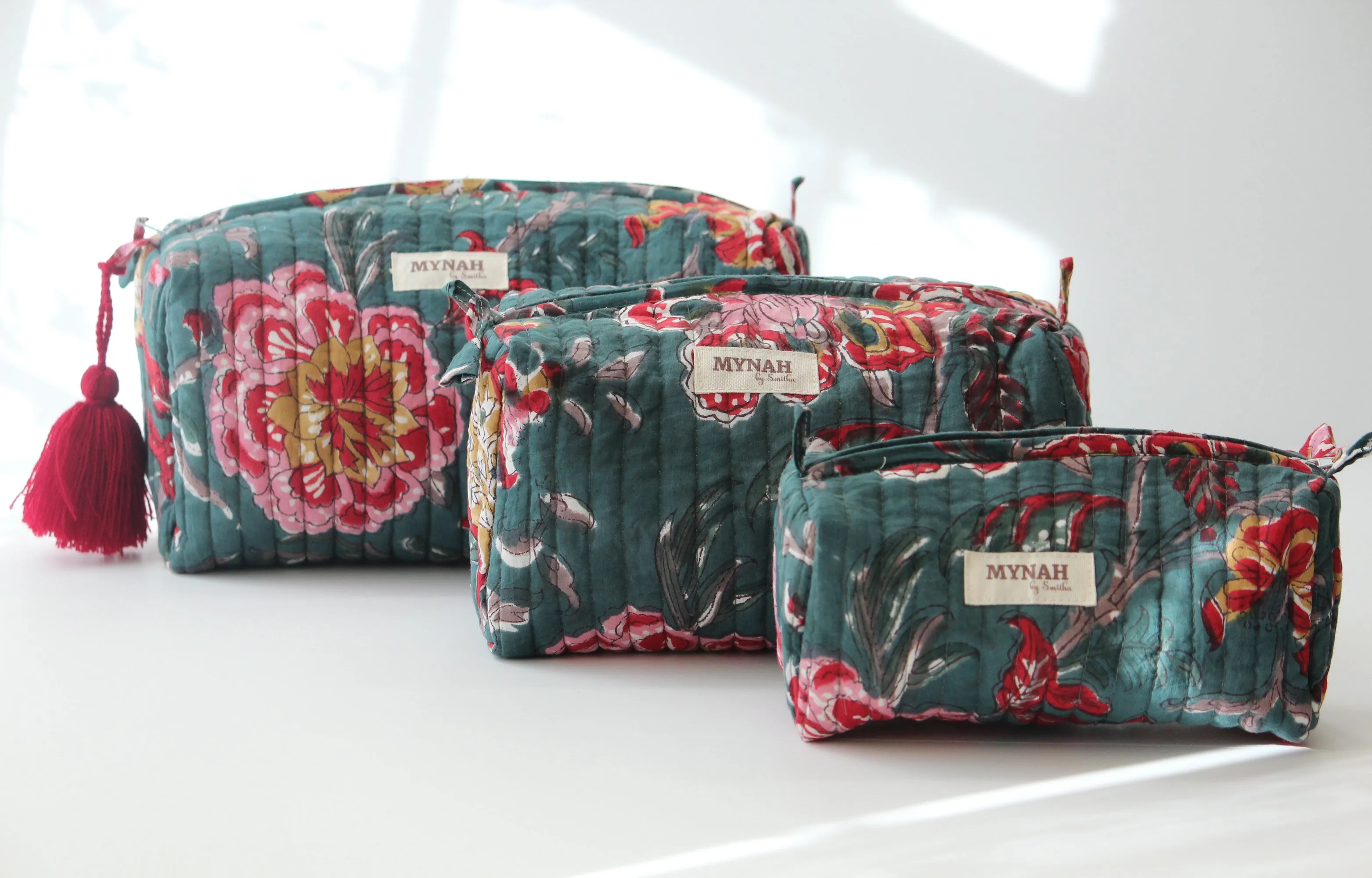 'EMERALD GARDEN' printed travel/makeup zipper pouch-set of 3