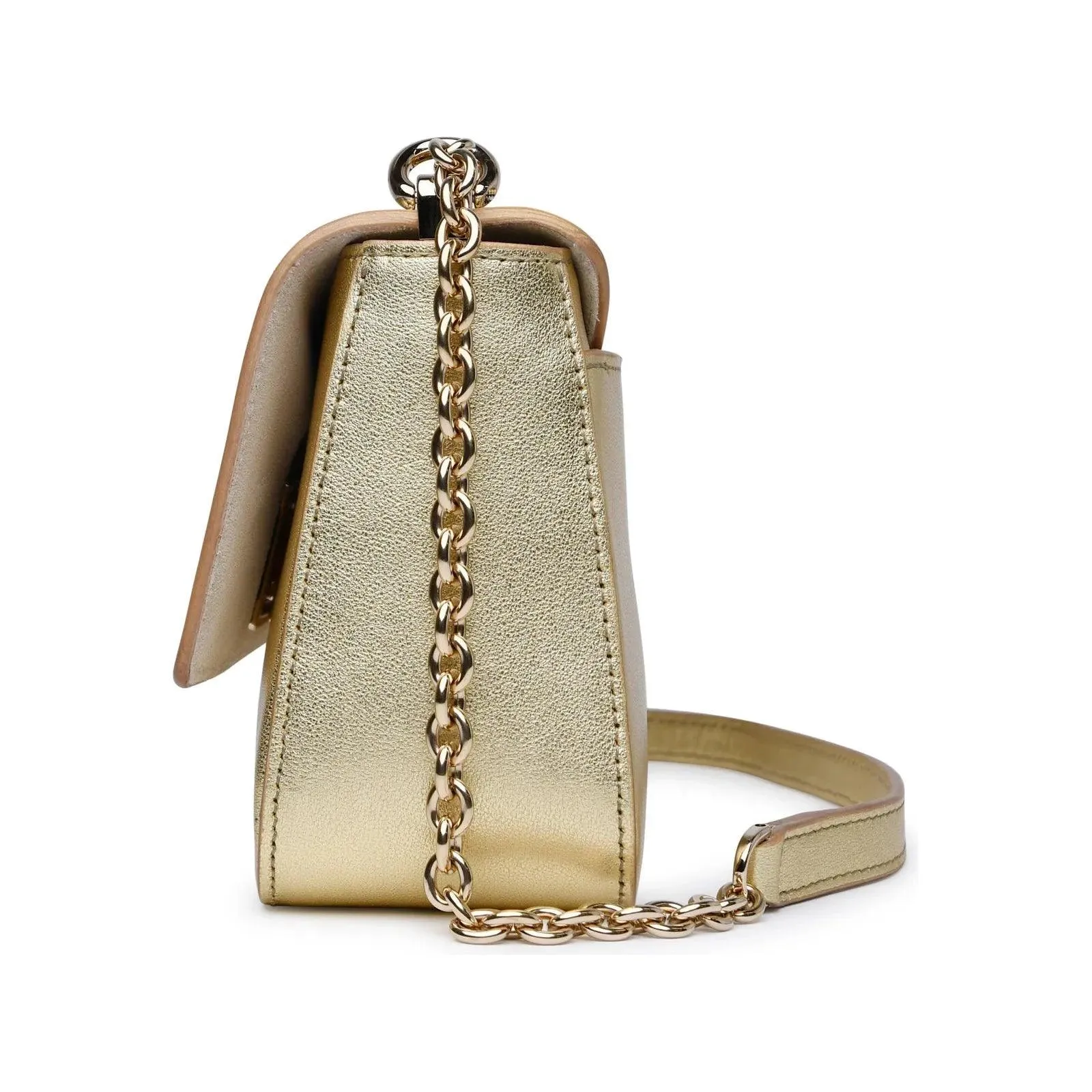 Furla Logo Embellished Foldover Top Shoulder Bag - Gold