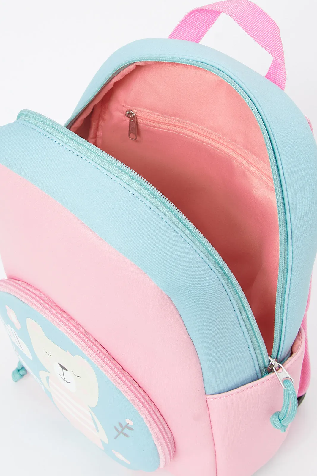 Girls Pink And Blue Character Printed Backpack