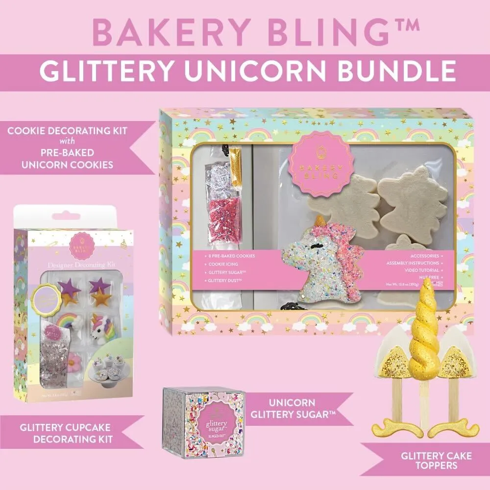 Glittery Designer Unicorn Bundle (Cookie Kit, Cupcake Decor Kit, Glittery Sugar and Cake Decor)