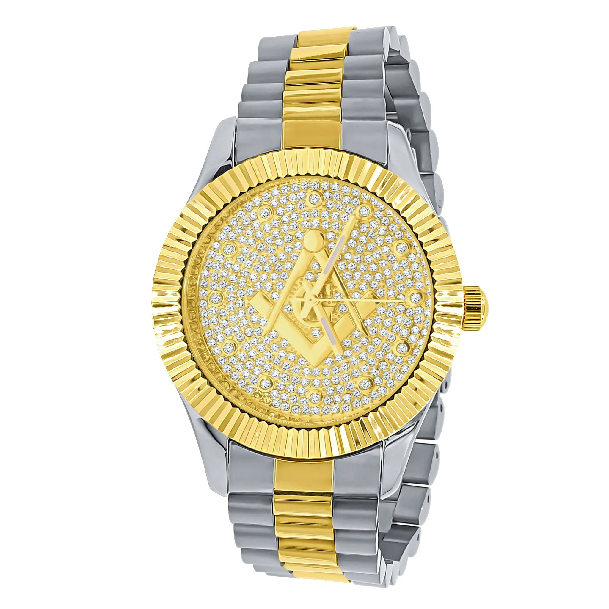 Gold & Silver Masonic Iced Out Metal Watch