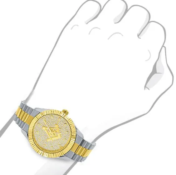 Gold & Silver Masonic Iced Out Metal Watch