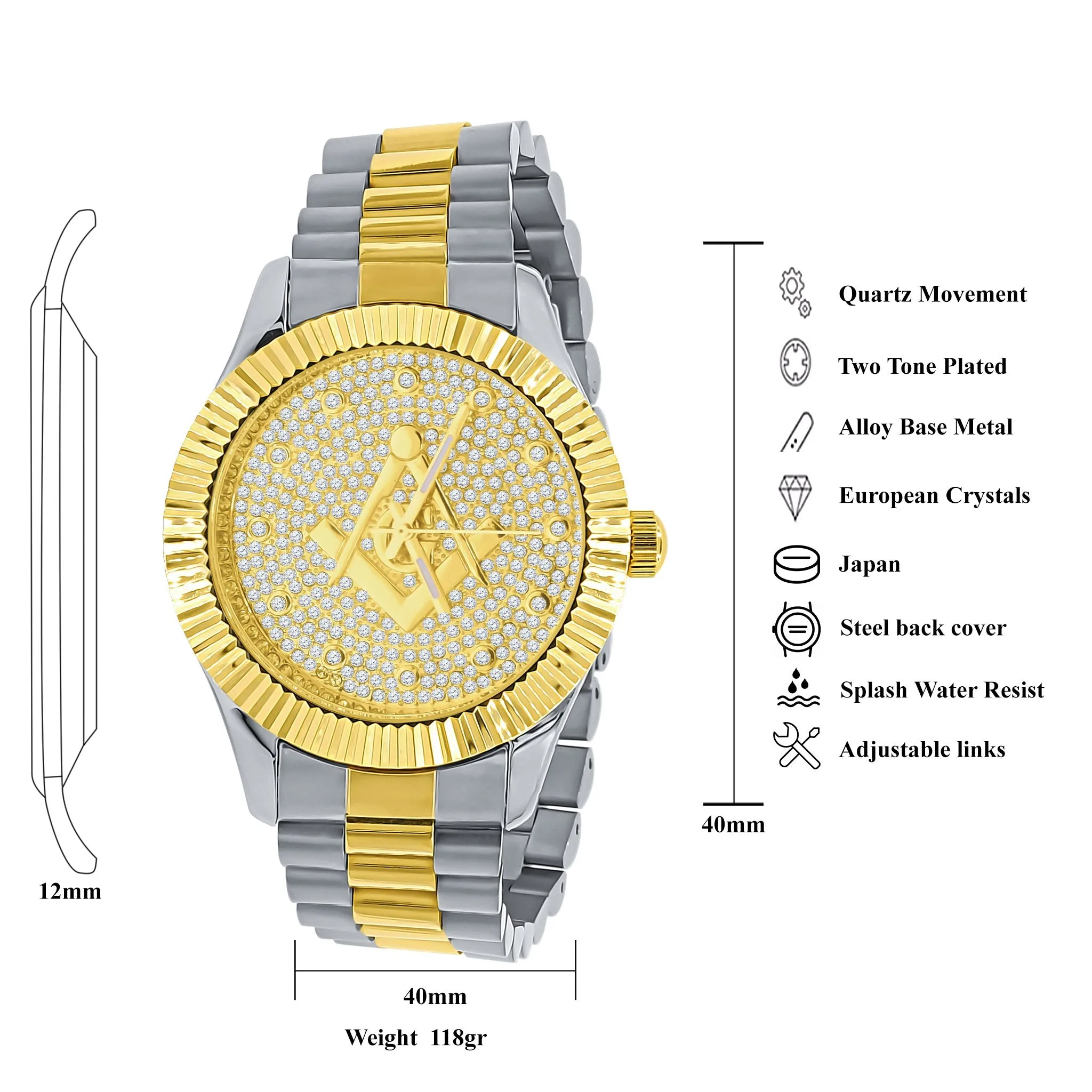 Gold & Silver Masonic Iced Out Metal Watch