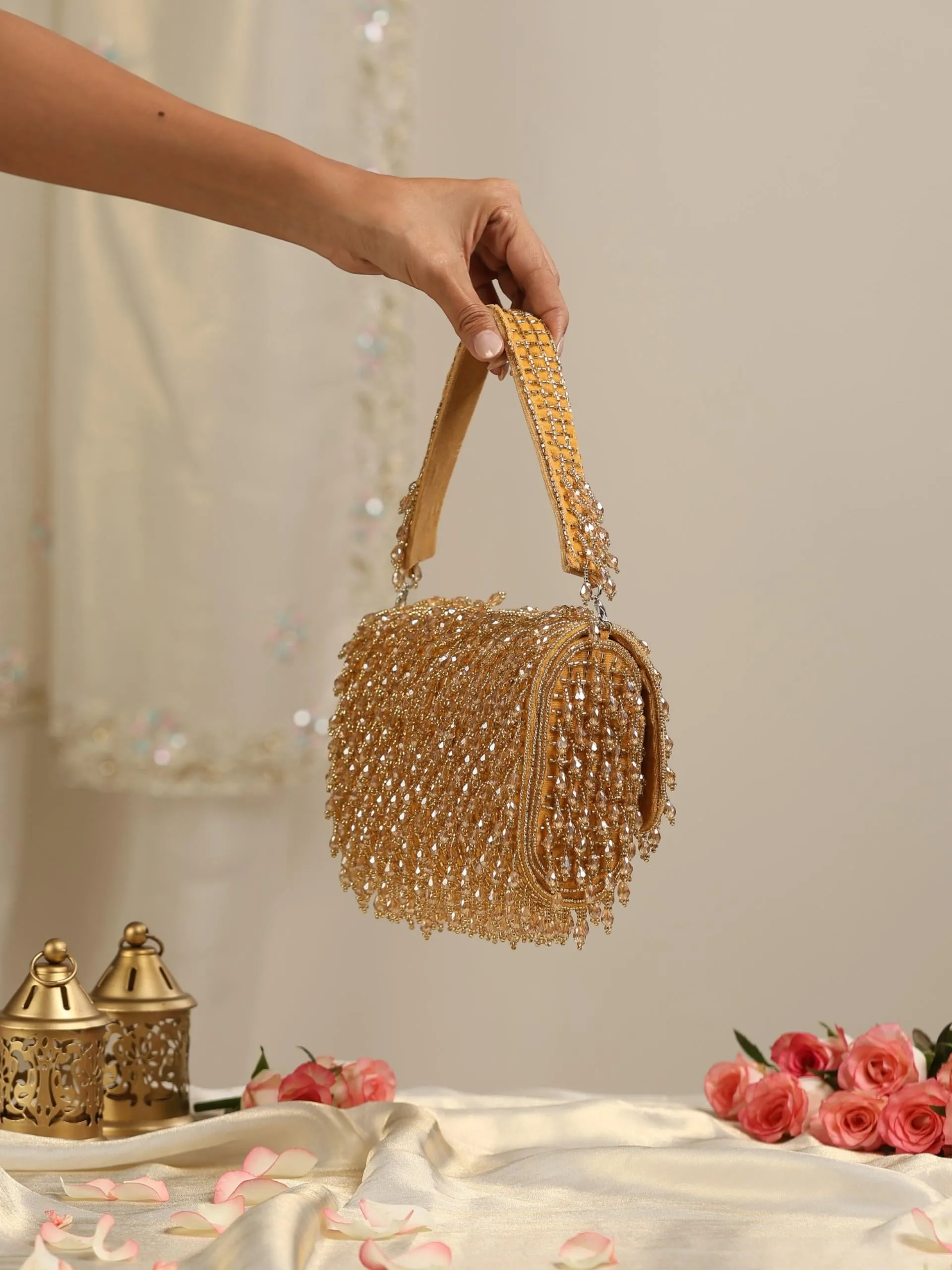 Gold Long Beaded Clutch Bag