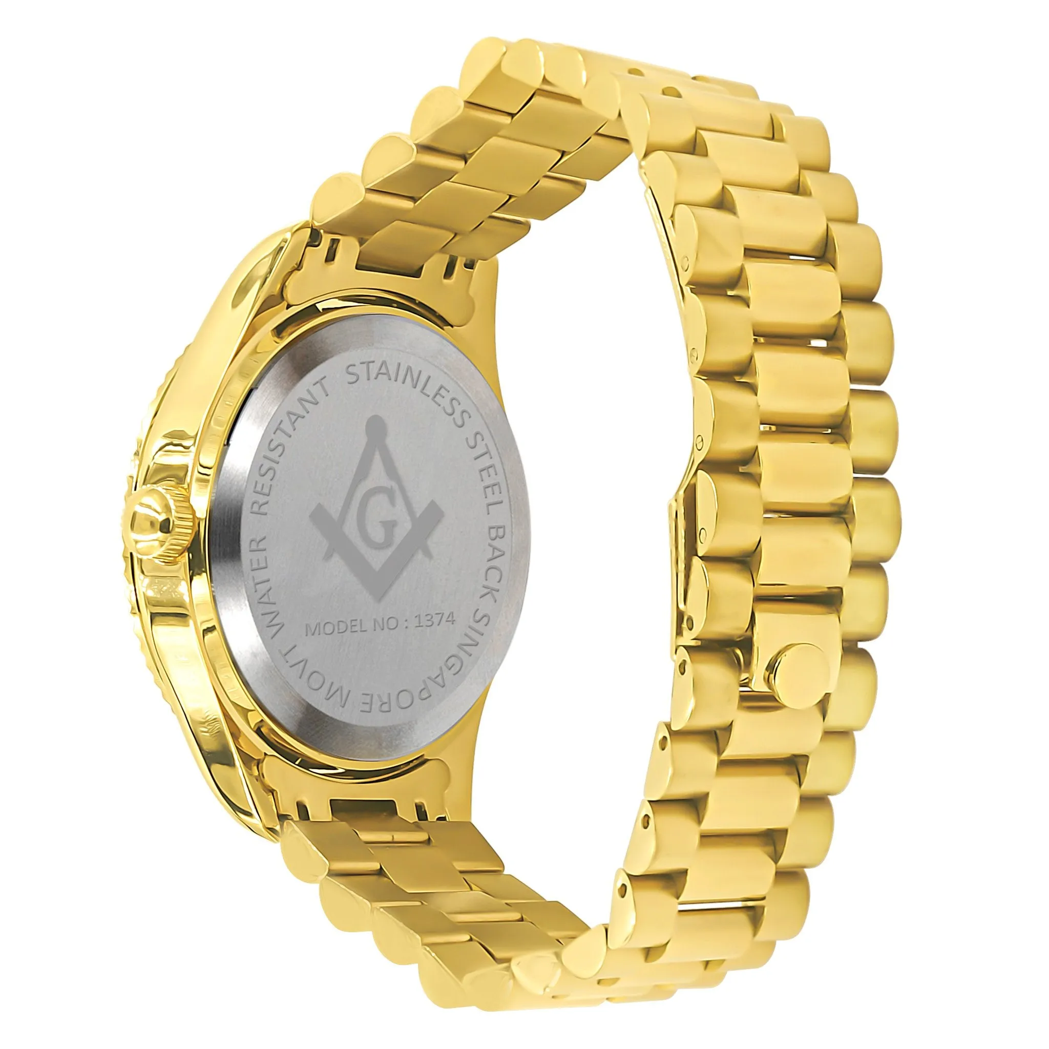 Golden Masonic Iced Out Metallic Watch