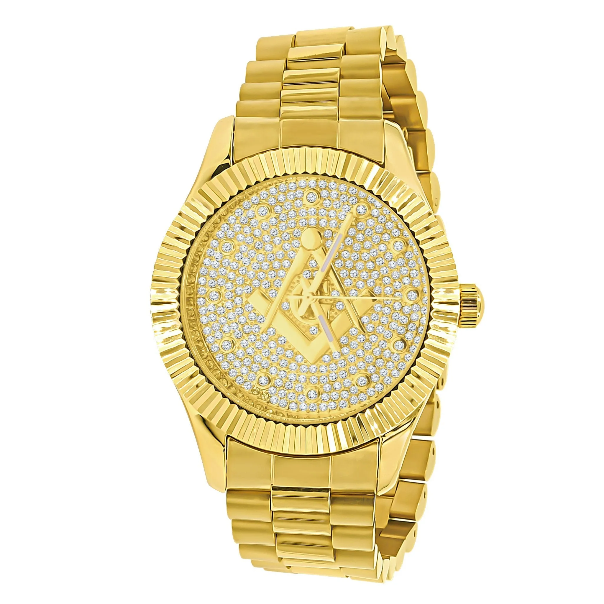 Golden Masonic Iced Out Metallic Watch