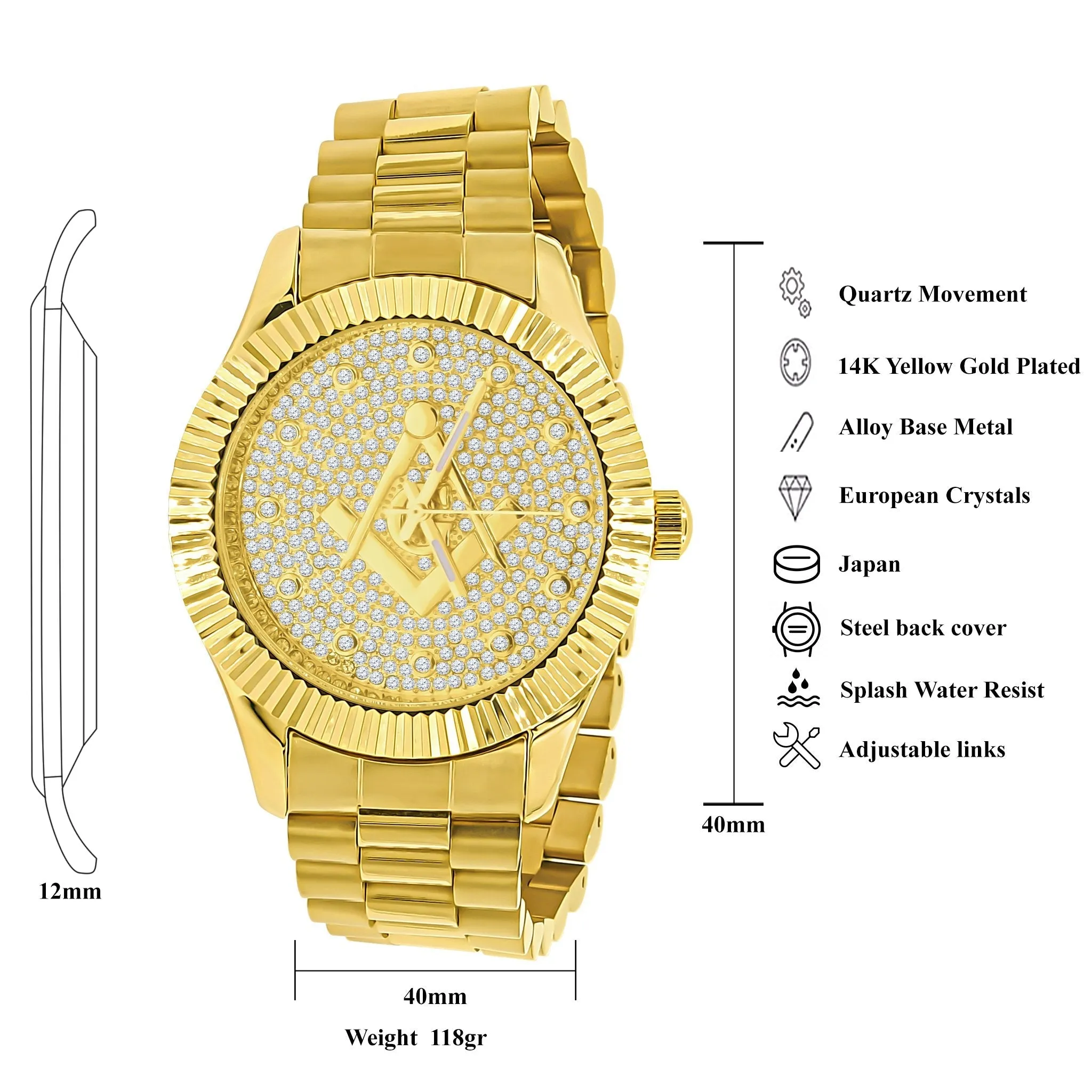 Golden Masonic Iced Out Metallic Watch