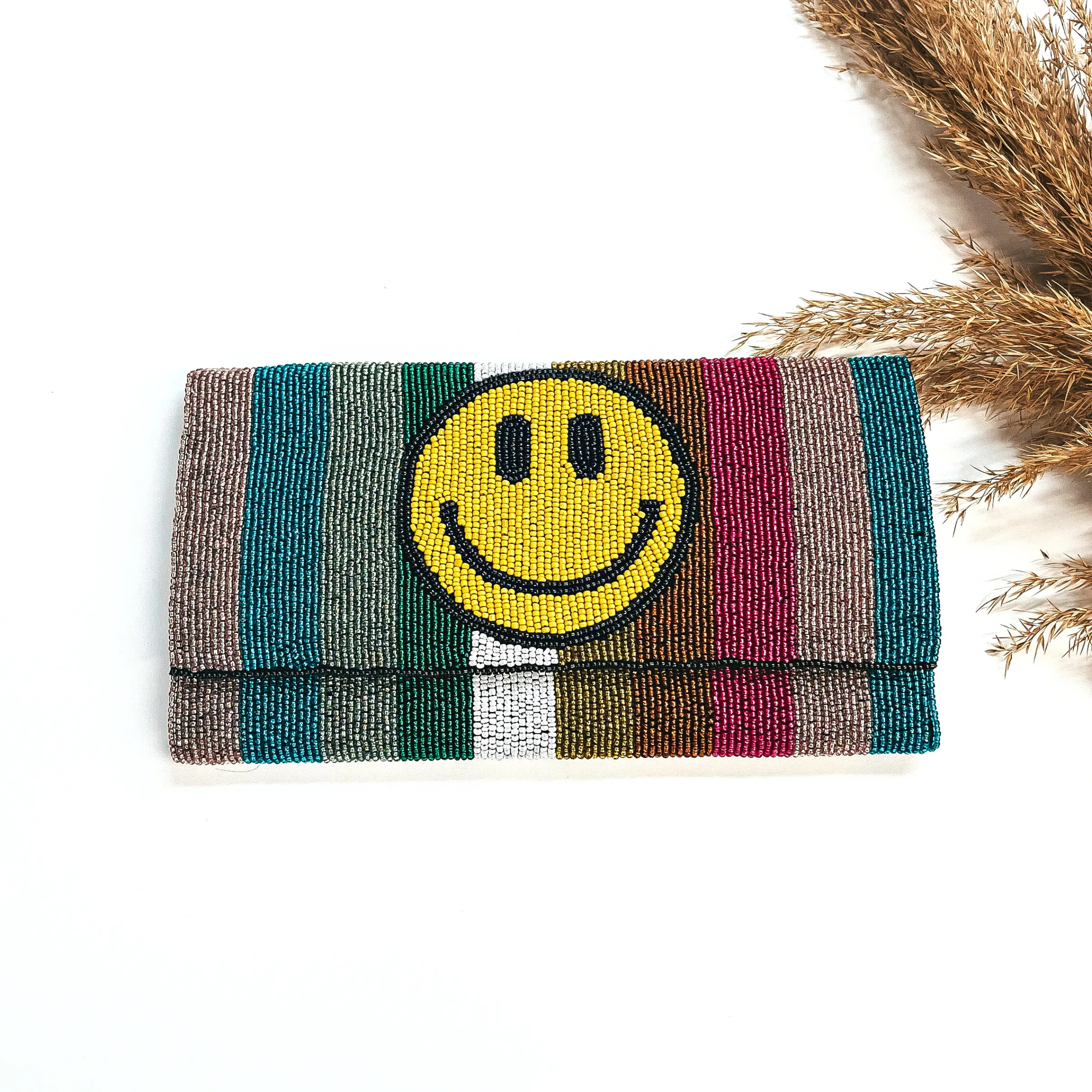 Happy Days Seedbeaded Clutch Bag in Multicolor with Yellow Happy Face and Gold Tone Chain