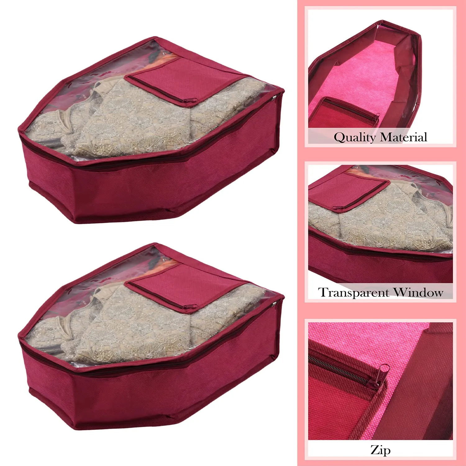 Heart Home Blouse Cover | Non Woven Foldable Wardrobe Organizer For Woman | Cloth Organizer Top Transparent & One Small Pocket | Pack of 3 | Maroon