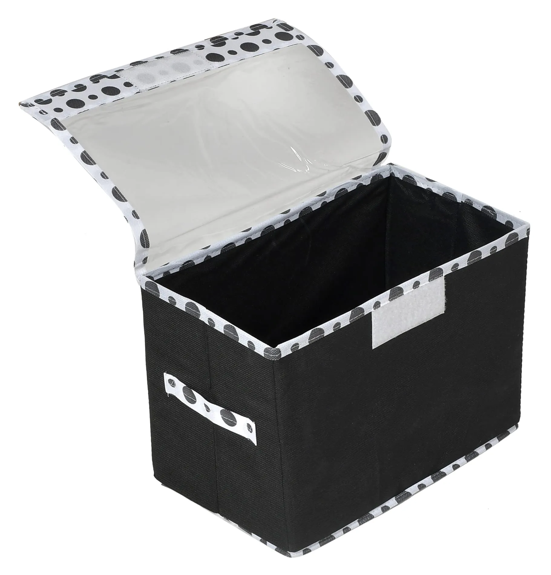 Heart Home Dot Printed Multiuses Medium Non-Woven Storage Box/Organizer With Tranasparent Lid- Pack of 2 (Black) -44HH0417