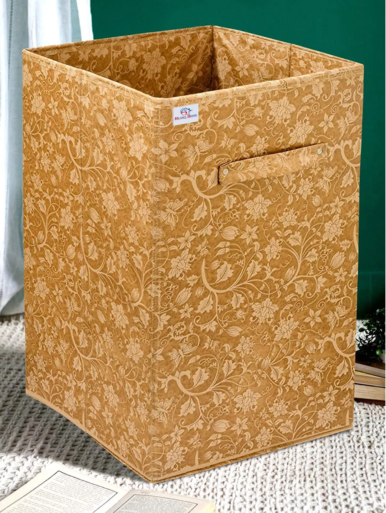 Heart Home Metallic Flower Printed Non-Woven Foldable Large Laundry basket/Hamper With Handles (Brown)-HS43HEARTH25856