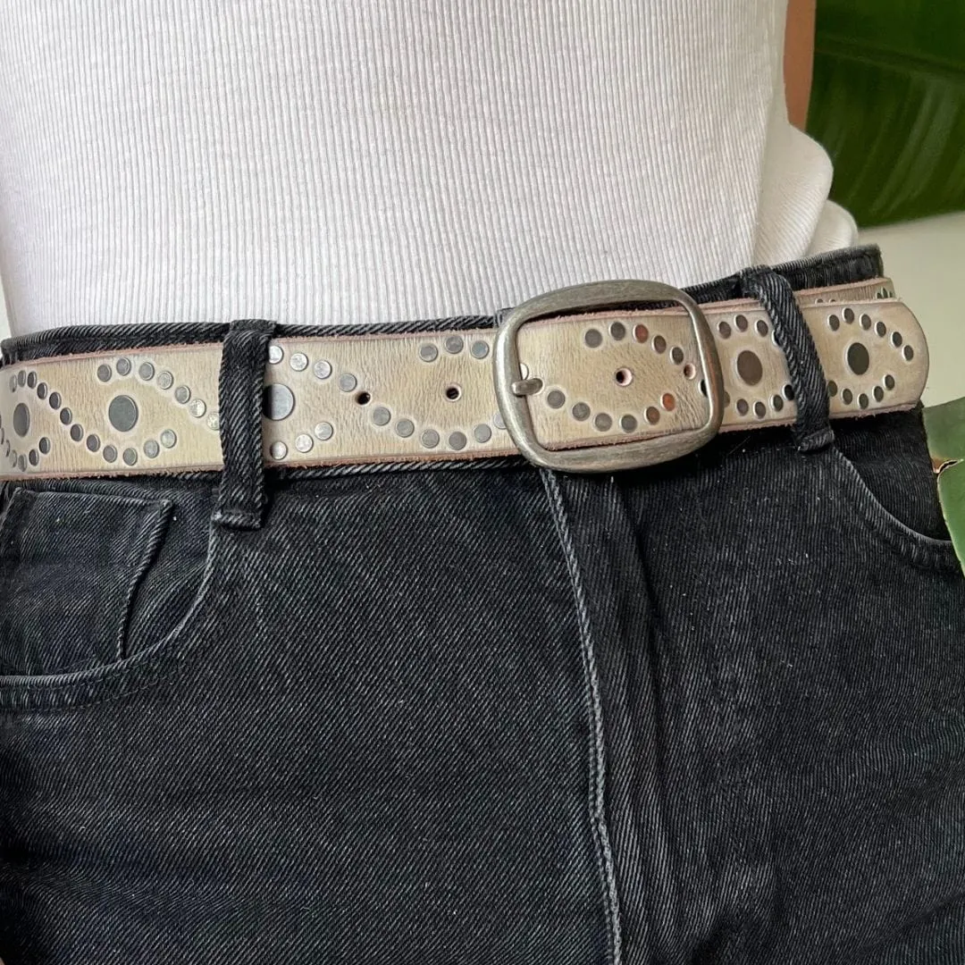 Irena | Women's Studded Leather Belt | Antique Silver Studs