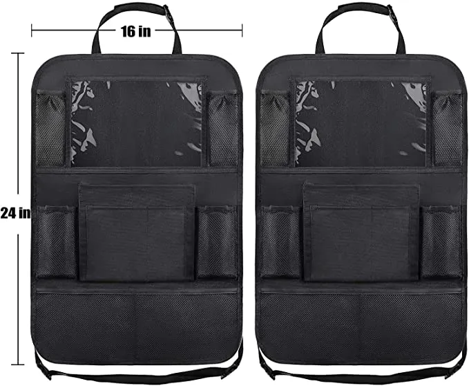 ITEM# 0051   Car Backseat Organizer with 10" Table Holder, 9 Storage Pockets Seat Back Protectors Kick Mats for Kids Toddlers, Travel Accessories, 2 Pack (Watch Video)