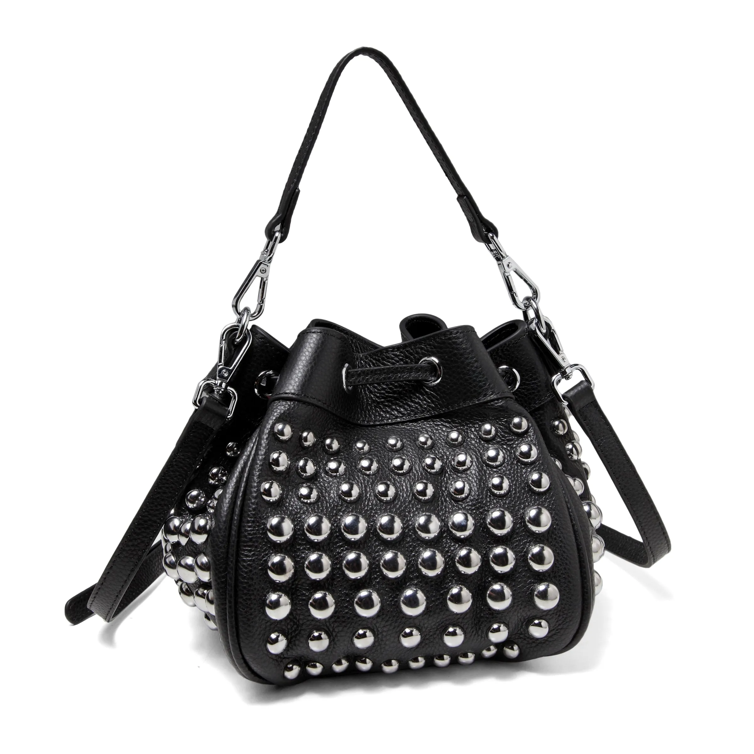 Jolyn Studded Leather Bucket Crossbody  - Black