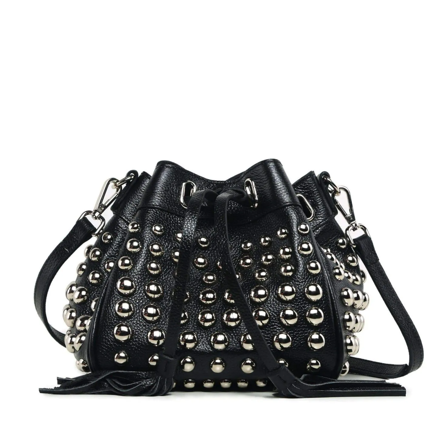 Jolyn Studded Leather Bucket Crossbody  - Black