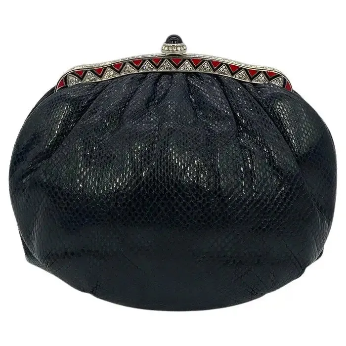 Judith Leiber Black Lizard Clutch with Red Enamel Crystal Top