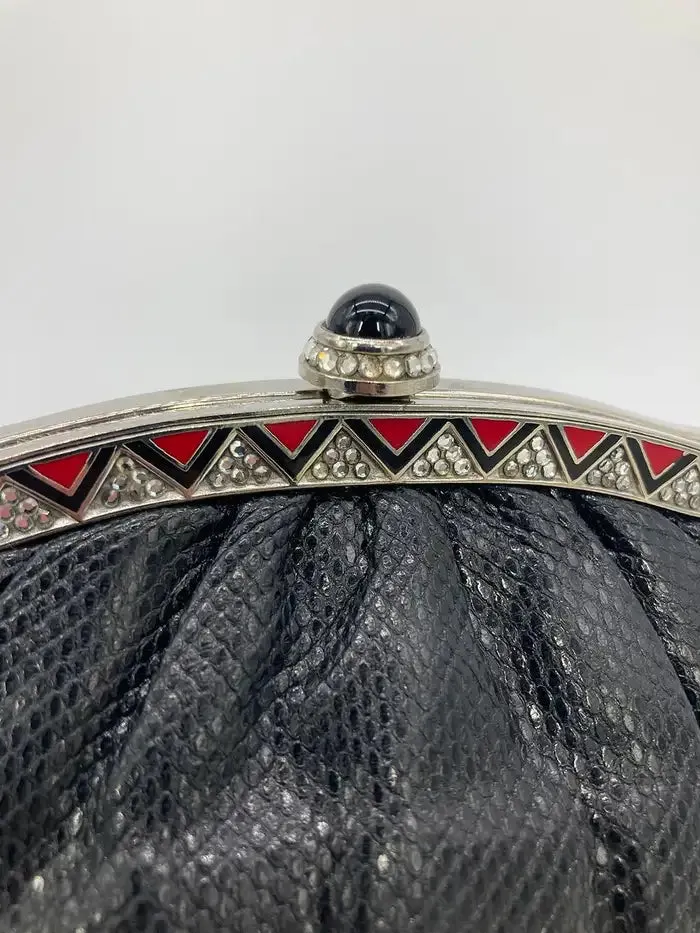 Judith Leiber Black Lizard Clutch with Red Enamel Crystal Top