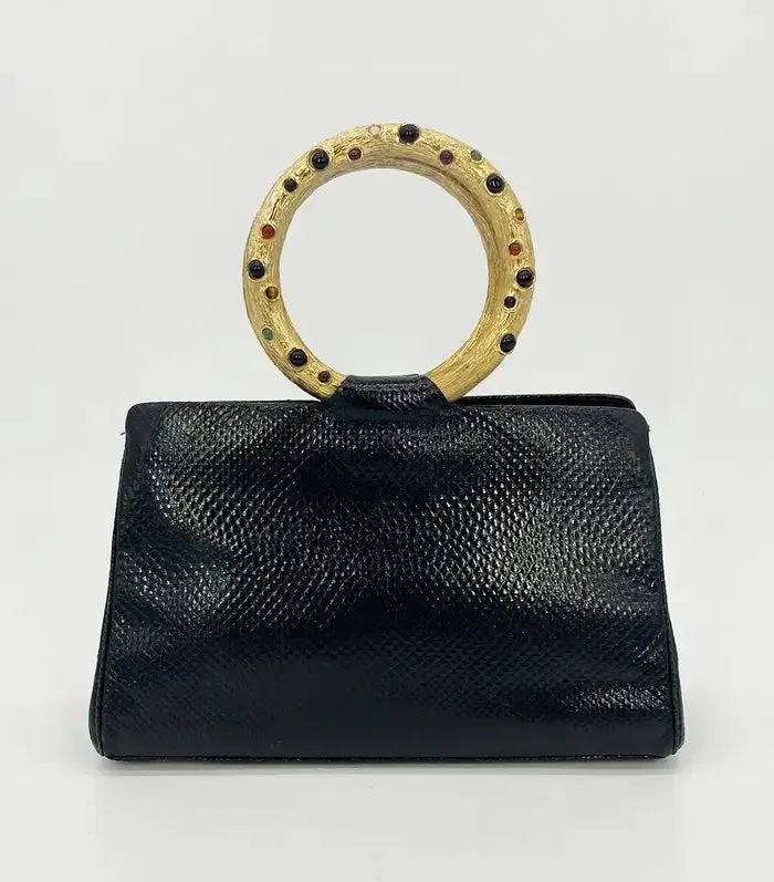 Judith Leiber Black Lizard Round Gold Gemstone Top Handle Bag