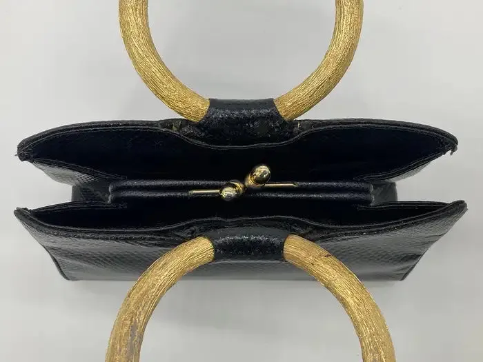 Judith Leiber Black Lizard Round Gold Gemstone Top Handle Bag