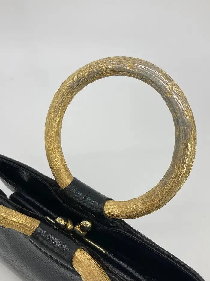 Judith Leiber Black Lizard Round Gold Gemstone Top Handle Bag