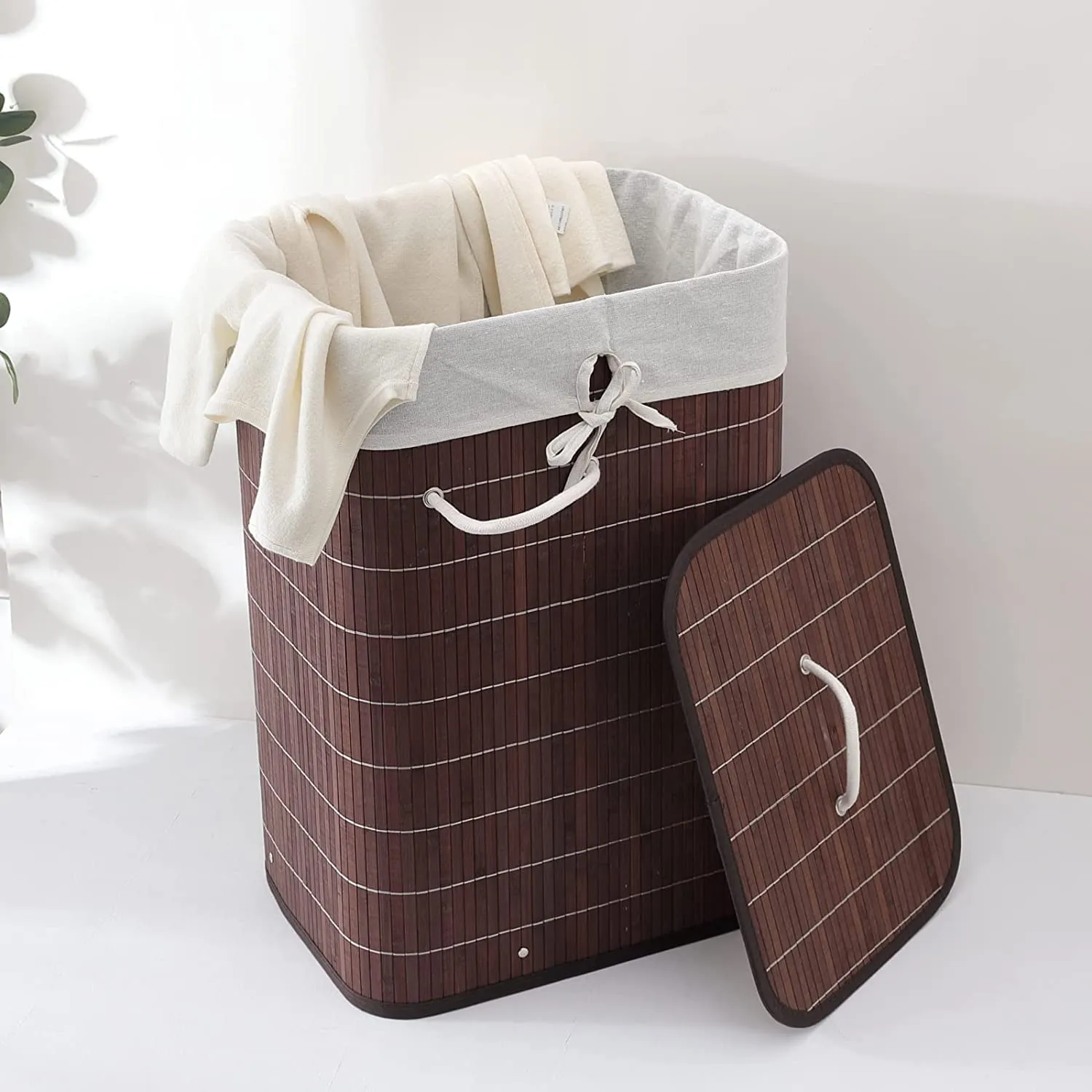 Kuber Industries Bamboo Basket With Lid|Foldable Laundry Basket For Clothes|Durable Rope Handles & Removable Bag|Dark Brown| (Pack Of 6)