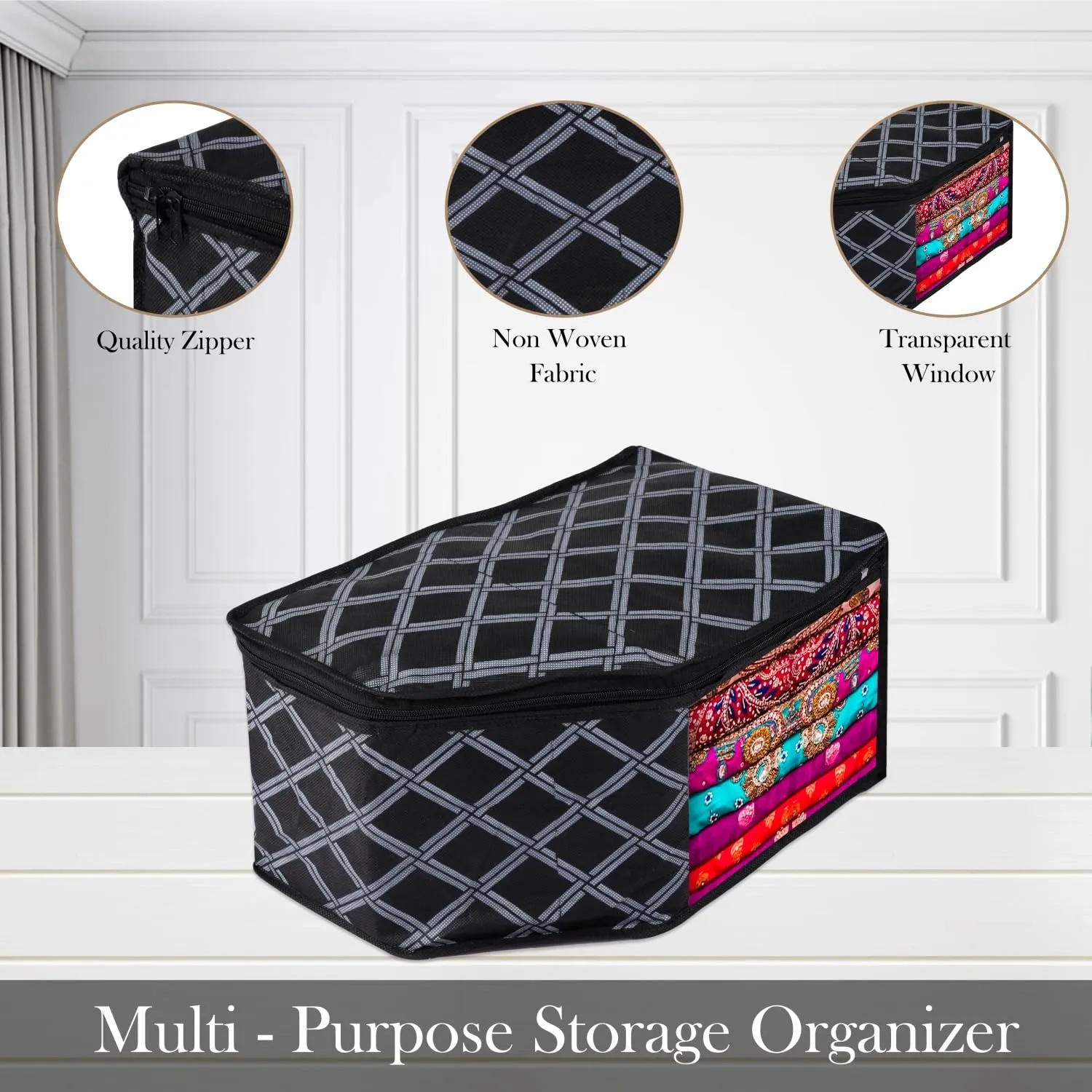 Kuber Industries Blouse Cover | Clothes Storage Bag | Zipper Wardrobe Organizers | Non-Woven Clothes Organiser | Side Transparent Blouse Organizer | Check-Design | Pack of 9 | Black