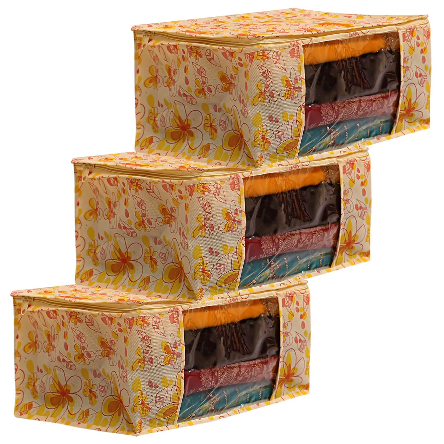 Kuber Industries Flower Design Non-woven Foldable Saree Cover|Clothes Storage Bag|Wardrobe Organizer With Transparent Window|Pack of 3 (Yellow)