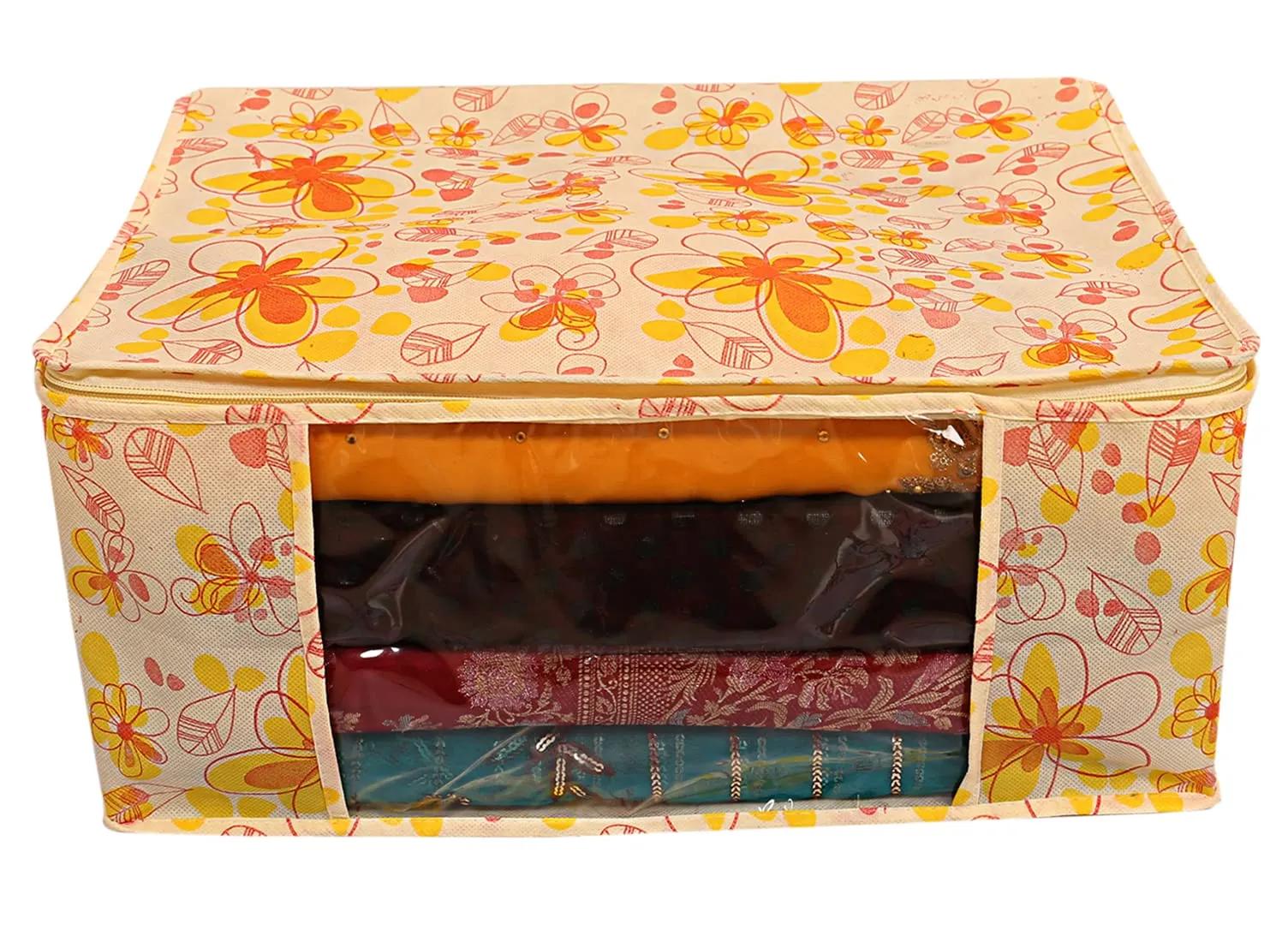 Kuber Industries Flower Design Non-woven Foldable Saree Cover|Clothes Storage Bag|Wardrobe Organizer With Transparent Window|Pack of 3 (Yellow)