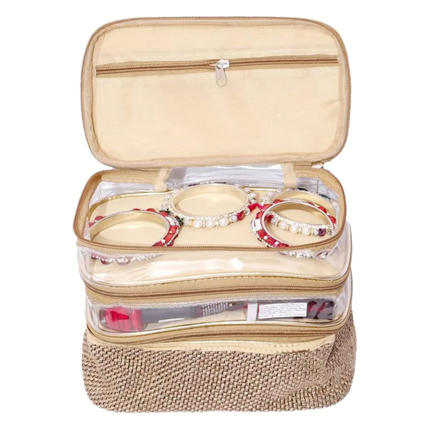 Kuber Industries Jute 3 Compartment Jewellery Organizer For Bangles, Small Jewellery & Cosmetic (Gold) 54KM4074