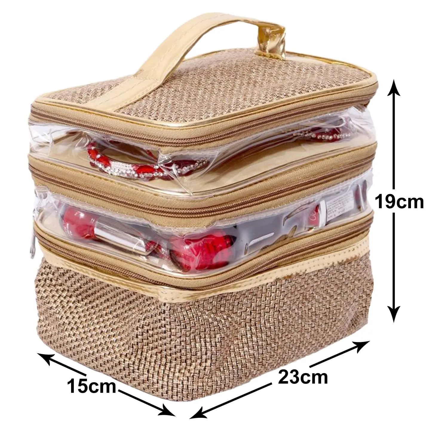 Kuber Industries Jute 3 Compartment Jewellery Organizer For Bangles, Small Jewellery & Cosmetic (Gold) 54KM4074