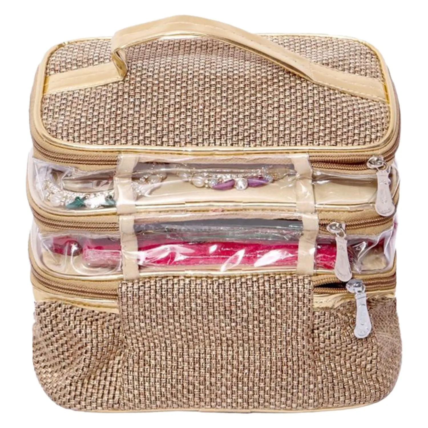 Kuber Industries Jute 3 Compartment Jewellery Organizer For Bangles, Small Jewellery & Cosmetic (Gold) 54KM4074