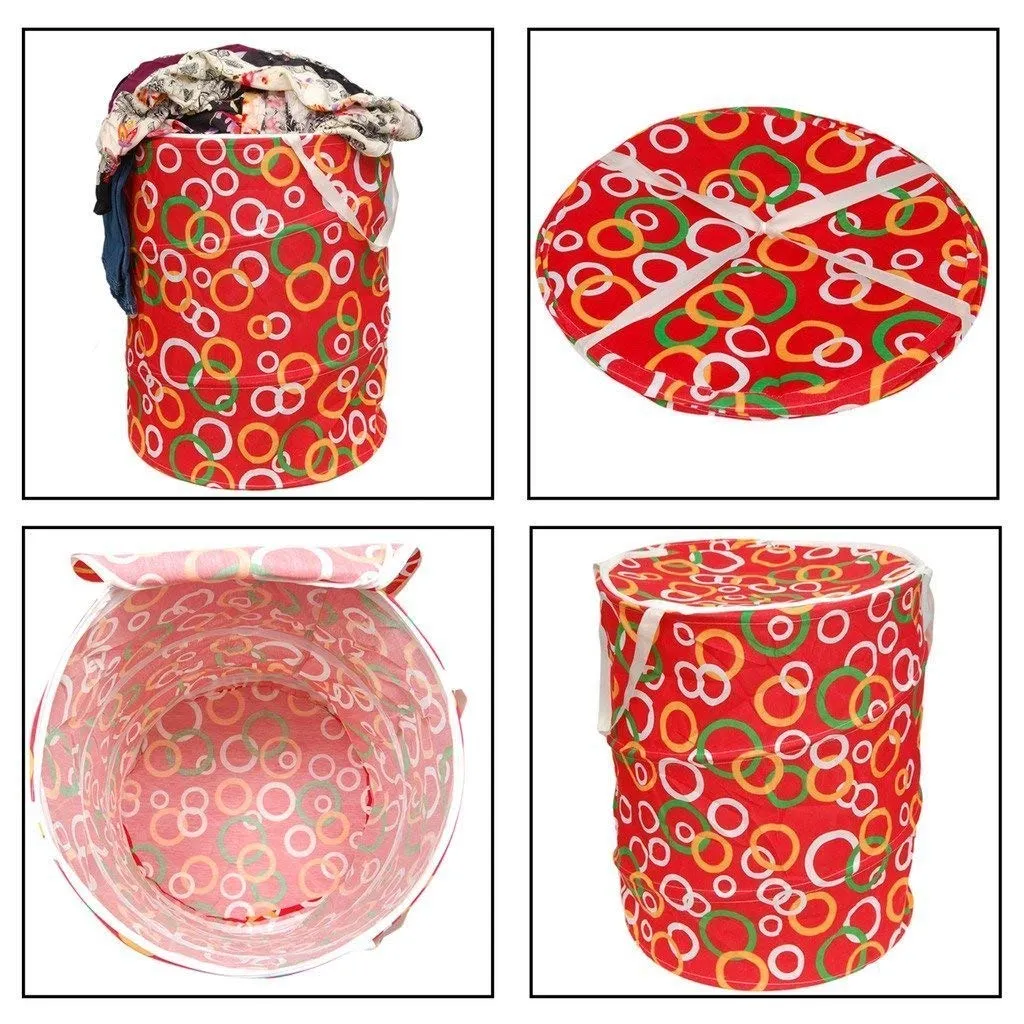 Kuber Industries Round Laundry Organiser with Handles|Metalic Flower Print & Foldable|Size 35 x 35 x 43, Capicity 30L (Multi Color)