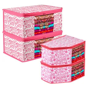 Kuber Industries Saree Cover & Blouse Cover Set | Saree & Blouse Organizer Combo Set | 2 Pieces Blouse & 2 Pieces Saree Cover Set | Zipper Closure | Leaf-Design | Set of 4 | Pink