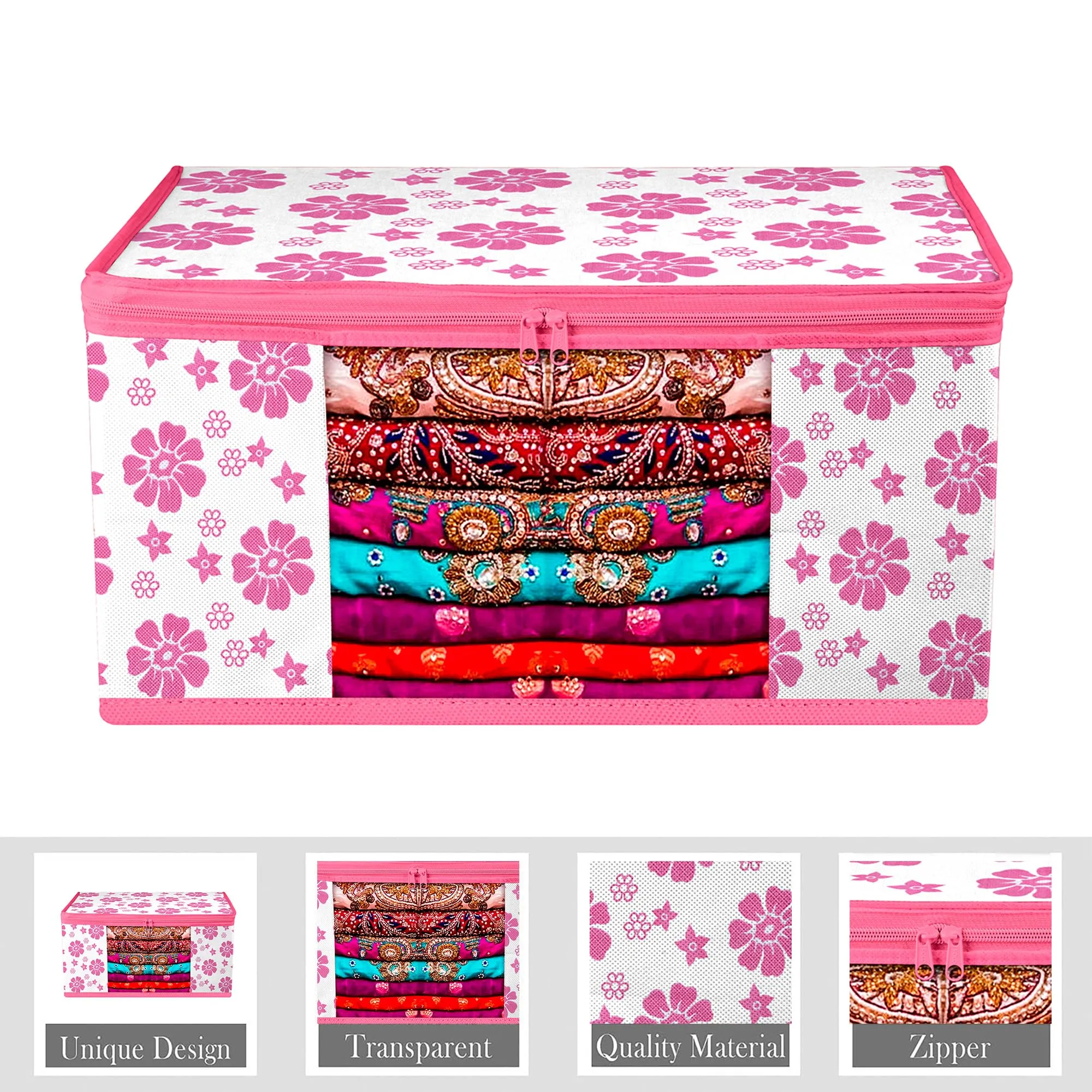 Kuber Industries Saree Cover & Blouse Cover Set | Saree & Blouse Organizer Combo Set | 3 Pieces Blouse & 3 Pieces Saree Cover Set | Zipper Closure | Flower-Design | Set of 6 | Pink