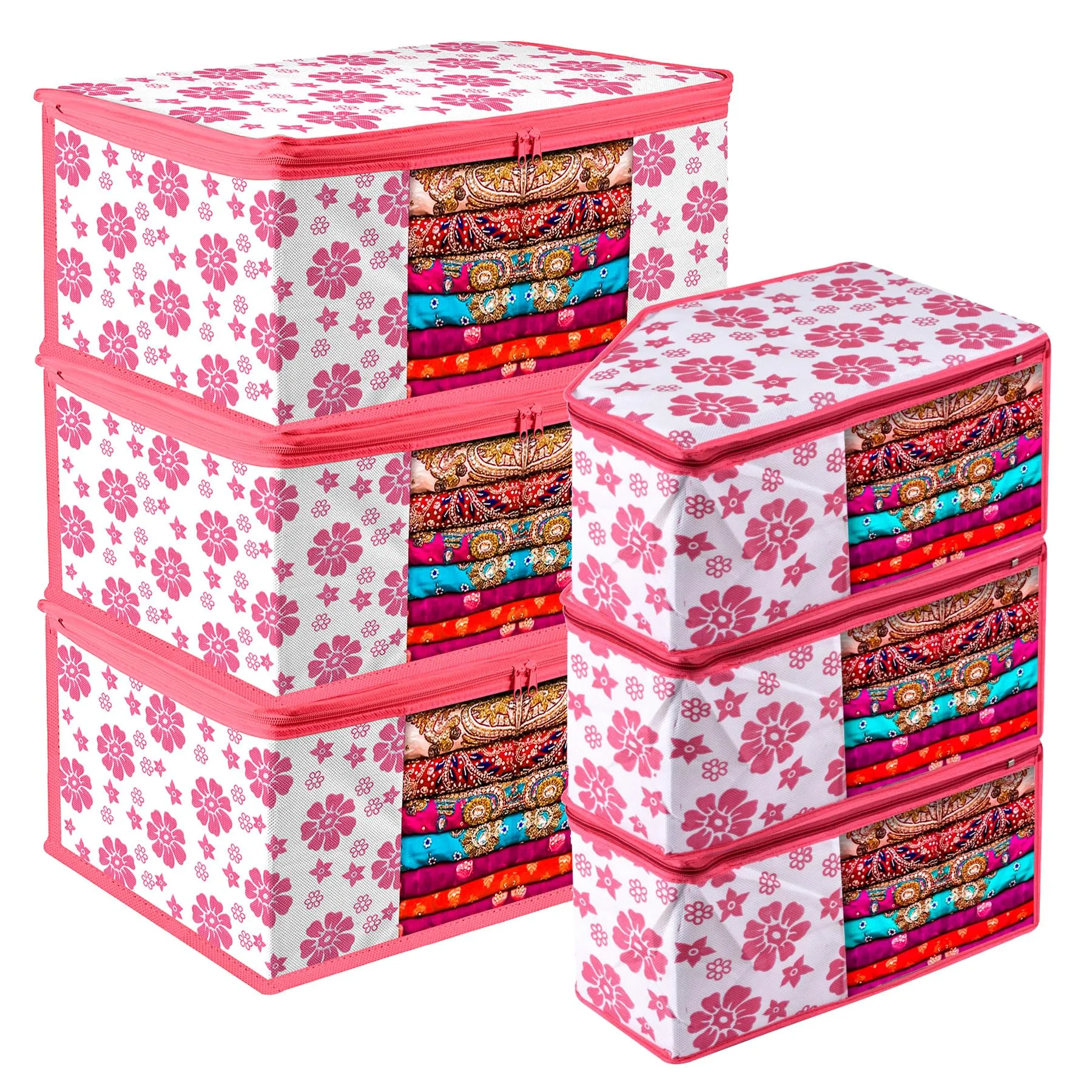 Kuber Industries Saree Cover & Blouse Cover Set | Saree & Blouse Organizer Combo Set | 3 Pieces Blouse & 3 Pieces Saree Cover Set | Zipper Closure | Flower-Design | Set of 6 | Pink