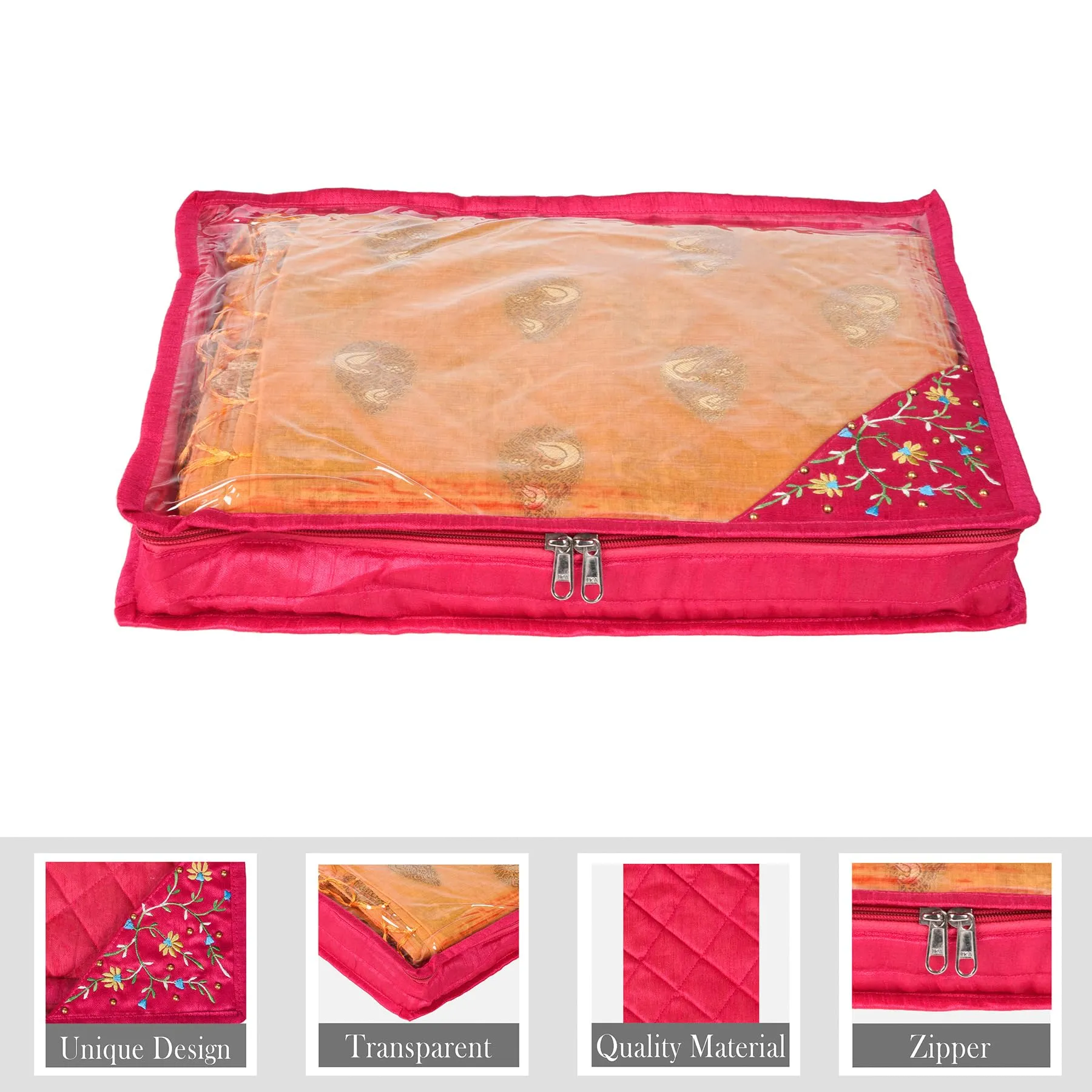 Kuber Industries Saree Cover | Clothes Storage Bag | Suit Packing Cover | Cloth Stoarge Organizer | Wardrobe Cloth Storage Organiser with Zip | Side Embroidery-Design | 3 Inch | Pack of 12 | Pink