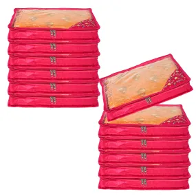 Kuber Industries Saree Cover | Clothes Storage Bag | Suit Packing Cover | Cloth Stoarge Organizer | Wardrobe Cloth Storage Organiser with Zip | Side Embroidery-Design | 3 Inch | Pack of 12 | Pink