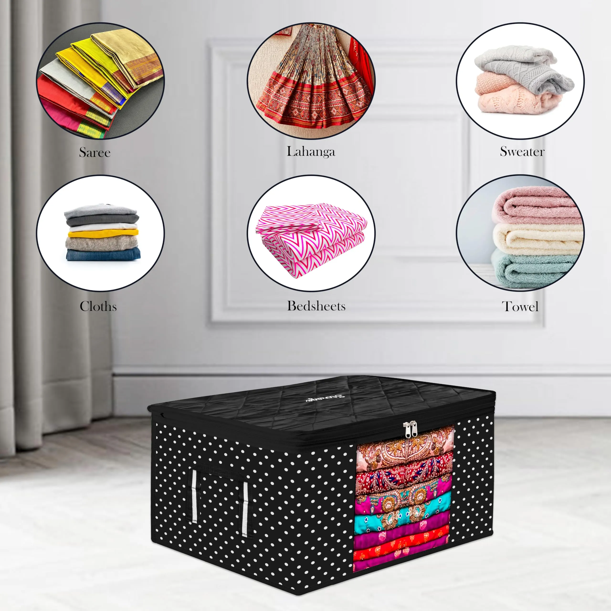 Kuber Industries Saree Cover | Zipper Closure Saree Storage Bag | Saree Organizer for Wardrobe with Handle | Transparent View Clothes Storage Bag for Lehenga | Side Dot-Design | Pack of 2 | Black