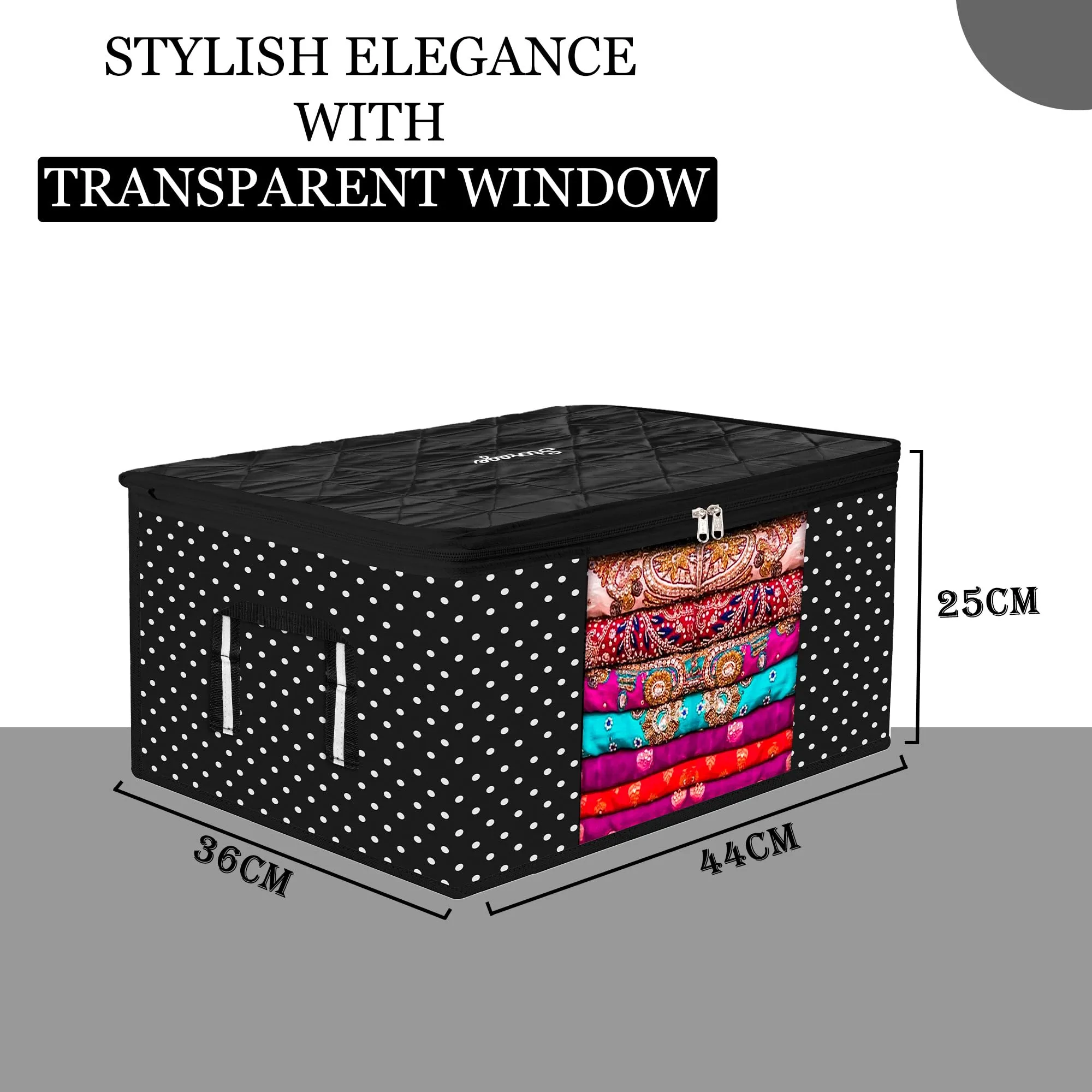 Kuber Industries Saree Cover | Zipper Closure Saree Storage Bag | Saree Organizer for Wardrobe with Handle | Transparent View Clothes Storage Bag for Lehenga | Side Dot-Design | Pack of 2 | Black