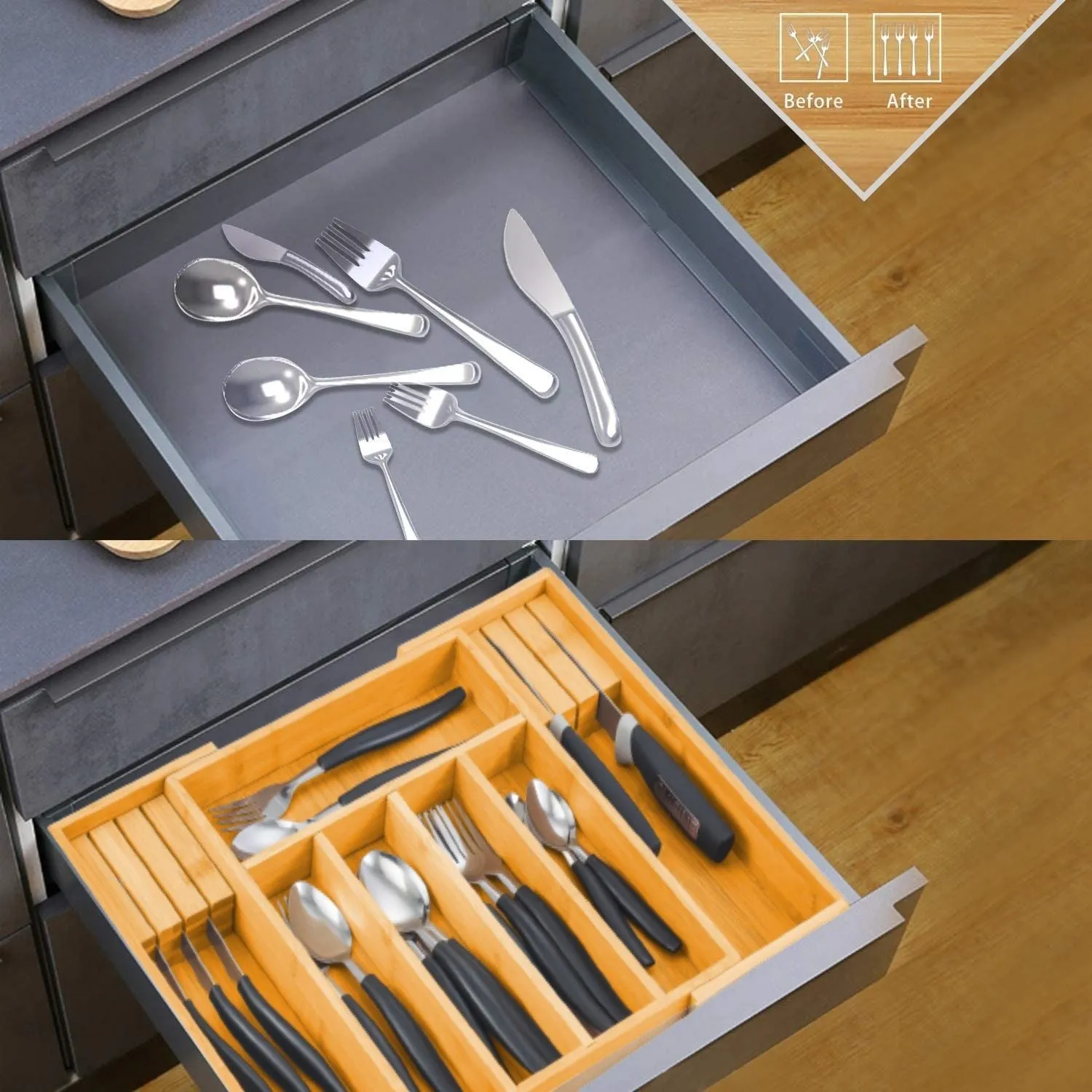 Large Bamboo Expandable Drawer Organizer with Knife Block