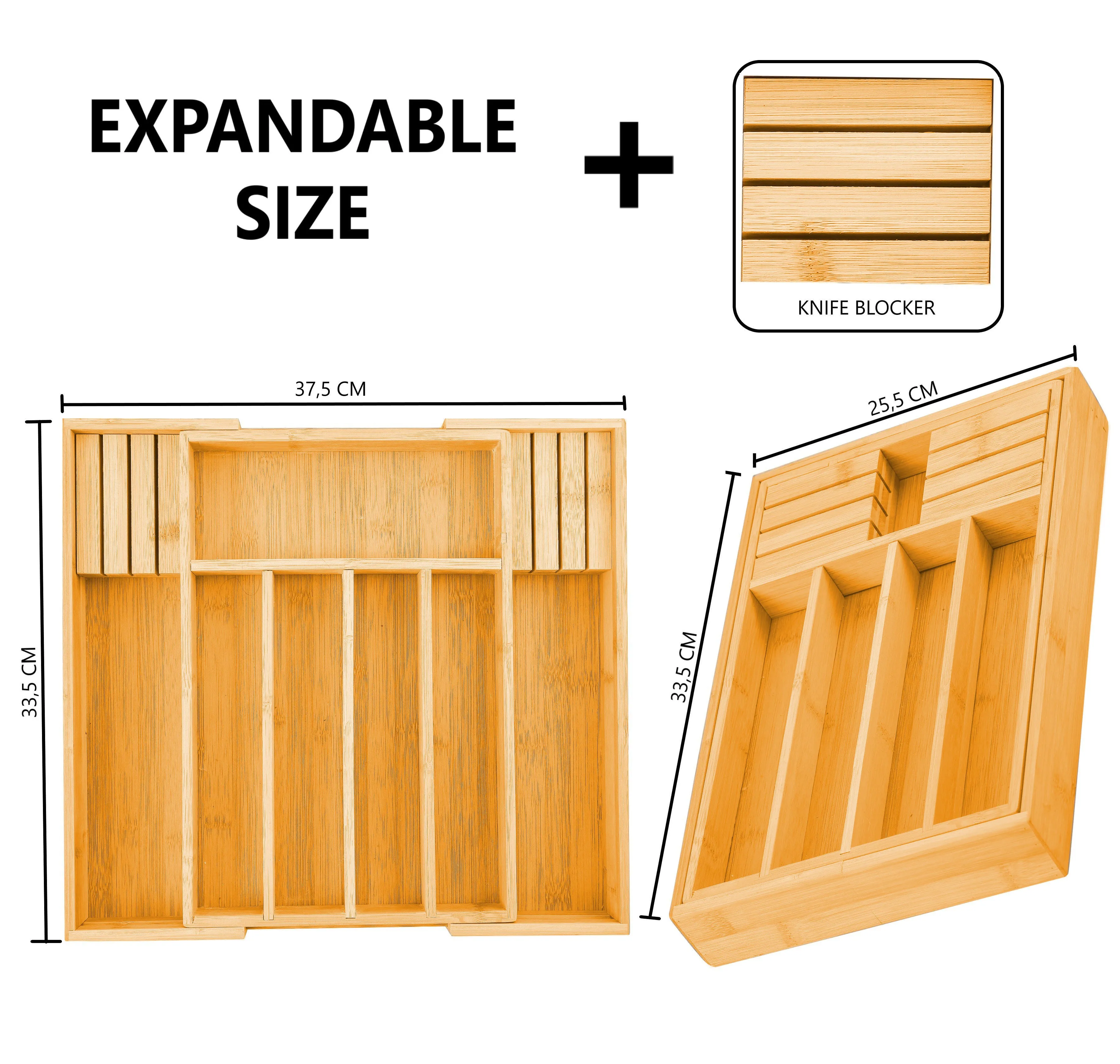 Large Bamboo Expandable Drawer Organizer with Knife Block