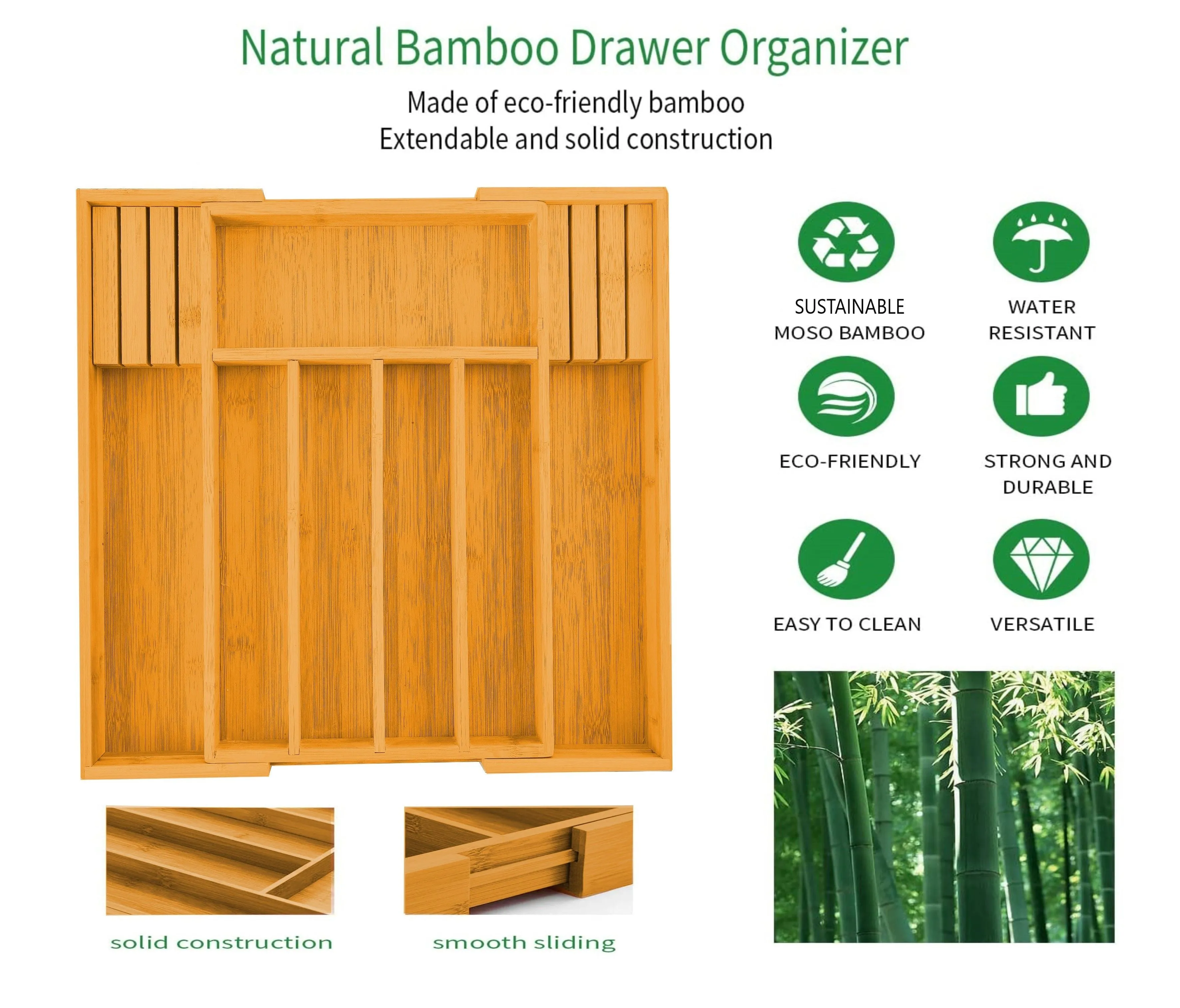 Large Bamboo Expandable Drawer Organizer with Knife Block