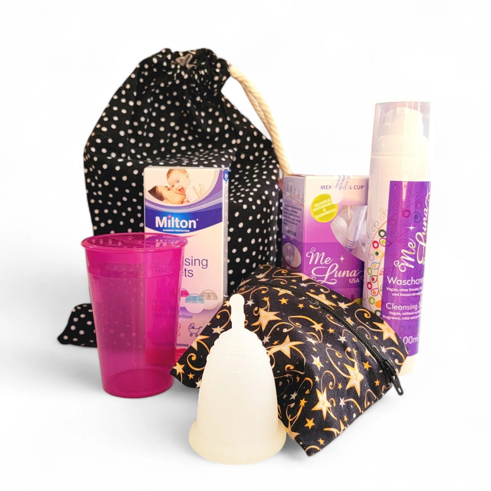 Menstrual Cup Gift Pack with Reusable Gift Bag 'White Dots on Black'