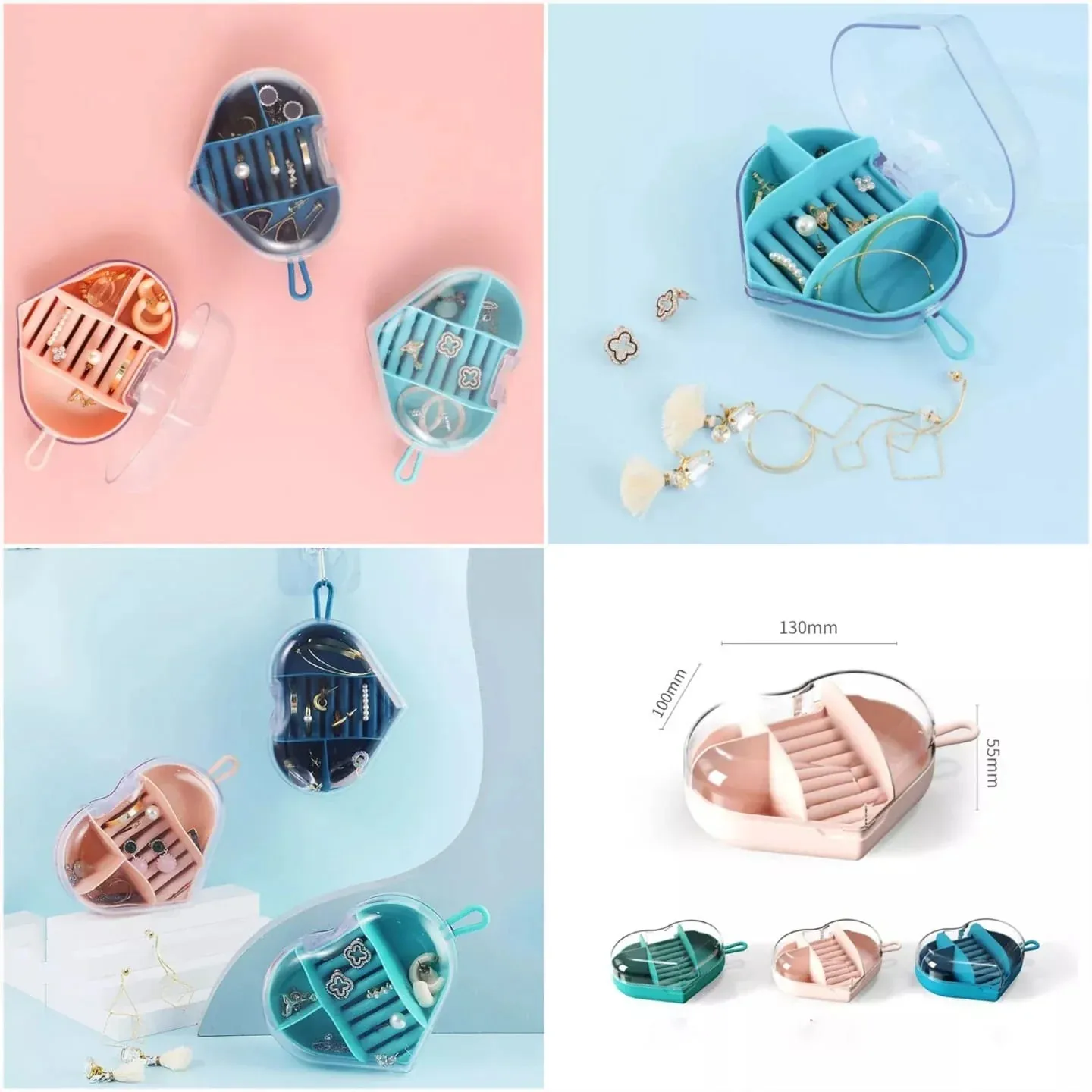 Mini Travel Jewelry Box Transparent Flip Acrylic Earrings Necklace Ring Portable Heart Shape Travel Jewelry Organizer Box